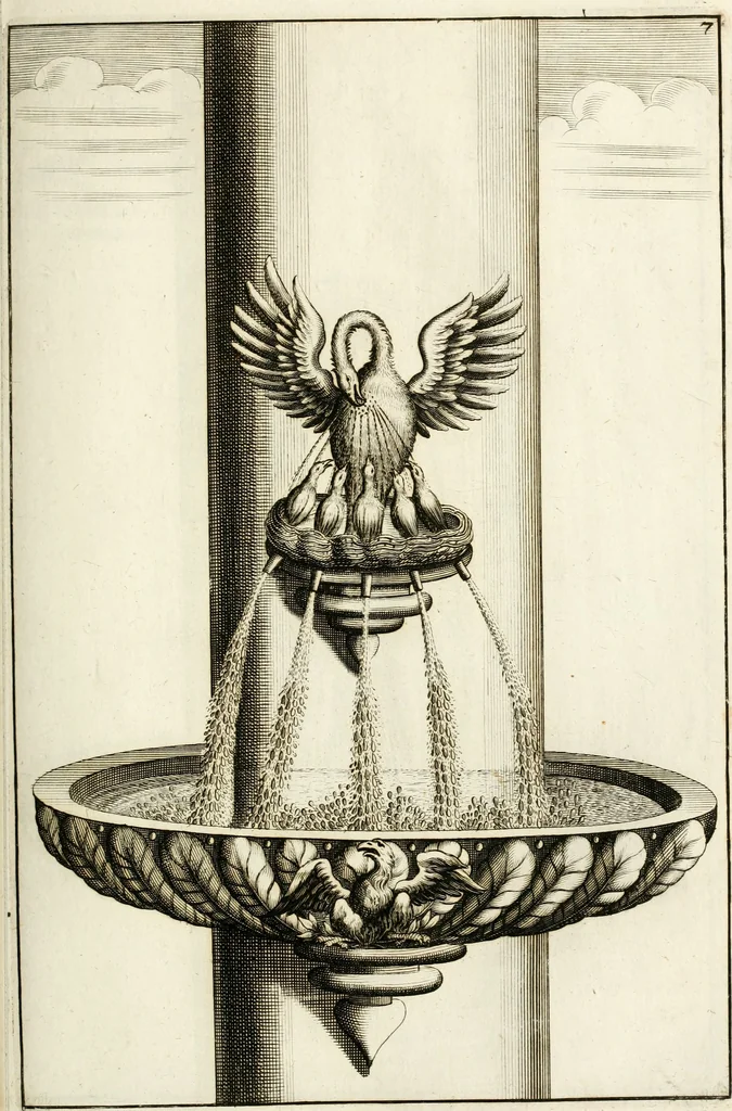 An illustration from Architectura curiosa nova, exponens 1. Fundamenta hydragogica, indolemq[ue] aquæ, aëris interventu in altum levandæ. 2. Varios aquarum ac salientium fontium lusus per varia spectatu jucunda epistomiorum seu siphonum genera. 3. Magnum amnissimorum fontium, machinarumq[ue] aquæductoriarum sumtu magno exstructarum, ac per Italiam, Britanniam, Germaniam &c. visendarum, numerum. 4. Specus artificiales sumtuosissimas, cum plerisq[ue] principum europæorum palatiis, hortis, aulis; nec non præcipuis monasteriis atq[ue] arcibus. 5. Cum auctario figurarum elegantissimarum, ad hortorum topiaria vario ductù dividenda, nec non conclavium laquearibus ac pavimentis segmentandis, itemq[ue] labyrinthis construendis, adhibendarum. Omnia 200 æri incisis... descripta, 1664, leaf 198
