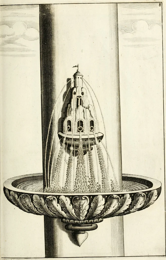 An illustration from Architectura curiosa nova, exponens 1. Fundamenta hydragogica, indolemq[ue] aquæ, aëris interventu in altum levandæ. 2. Varios aquarum ac salientium fontium lusus per varia spectatu jucunda epistomiorum seu siphonum genera. 3. Magnum amnissimorum fontium, machinarumq[ue] aquæductoriarum sumtu magno exstructarum, ac per Italiam, Britanniam, Germaniam &c. visendarum, numerum. 4. Specus artificiales sumtuosissimas, cum plerisq[ue] principum europæorum palatiis, hortis, aulis; nec non præcipuis monasteriis atq[ue] arcibus. 5. Cum auctario figurarum elegantissimarum, ad hortorum topiaria vario ductù dividenda, nec non conclavium laquearibus ac pavimentis segmentandis, itemq[ue] labyrinthis construendis, adhibendarum. Omnia 200 æri incisis... descripta, 1664, leaf 200