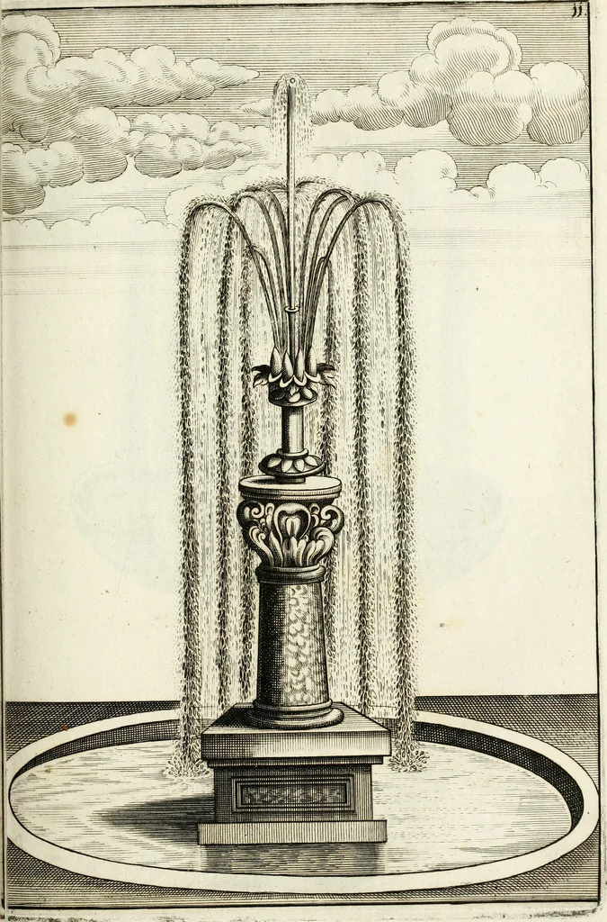 An illustration from Architectura curiosa nova, exponens 1. Fundamenta hydragogica, indolemq[ue] aquæ, aëris interventu in altum levandæ. 2. Varios aquarum ac salientium fontium lusus per varia spectatu jucunda epistomiorum seu siphonum genera. 3. Magnum amnissimorum fontium, machinarumq[ue] aquæductoriarum sumtu magno exstructarum, ac per Italiam, Britanniam, Germaniam &c. visendarum, numerum. 4. Specus artificiales sumtuosissimas, cum plerisq[ue] principum europæorum palatiis, hortis, aulis; nec non præcipuis monasteriis atq[ue] arcibus. 5. Cum auctario figurarum elegantissimarum, ad hortorum topiaria vario ductù dividenda, nec non conclavium laquearibus ac pavimentis segmentandis, itemq[ue] labyrinthis construendis, adhibendarum. Omnia 200 æri incisis... descripta, 1664, leaf 206
