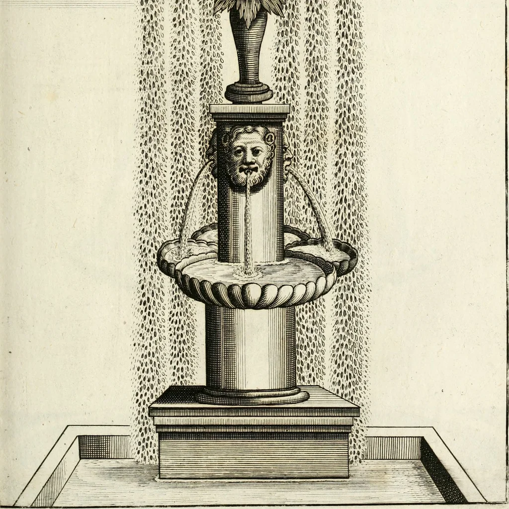 An illustration from Architectura curiosa nova, exponens 1. Fundamenta hydragogica, indolemq[ue] aquæ, aëris interventu in altum levandæ. 2. Varios aquarum ac salientium fontium lusus per varia spectatu jucunda epistomiorum seu siphonum genera. 3. Magnum amnissimorum fontium, machinarumq[ue] aquæductoriarum sumtu magno exstructarum, ac per Italiam, Britanniam, Germaniam &c. visendarum, numerum. 4. Specus artificiales sumtuosissimas, cum plerisq[ue] principum europæorum palatiis, hortis, aulis; nec non præcipuis monasteriis atq[ue] arcibus. 5. Cum auctario figurarum elegantissimarum, ad hortorum topiaria vario ductù dividenda, nec non conclavium laquearibus ac pavimentis segmentandis, itemq[ue] labyrinthis construendis, adhibendarum. Omnia 200 æri incisis... descripta, 1664, leaf 210