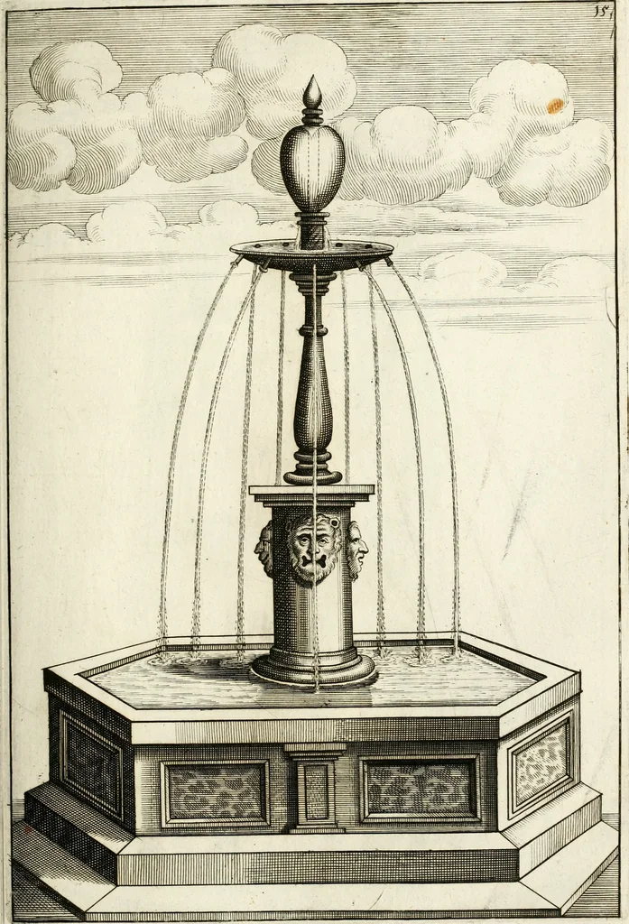 An illustration from Architectura curiosa nova, exponens 1. Fundamenta hydragogica, indolemq[ue] aquæ, aëris interventu in altum levandæ. 2. Varios aquarum ac salientium fontium lusus per varia spectatu jucunda epistomiorum seu siphonum genera. 3. Magnum amnissimorum fontium, machinarumq[ue] aquæductoriarum sumtu magno exstructarum, ac per Italiam, Britanniam, Germaniam &c. visendarum, numerum. 4. Specus artificiales sumtuosissimas, cum plerisq[ue] principum europæorum palatiis, hortis, aulis; nec non præcipuis monasteriis atq[ue] arcibus. 5. Cum auctario figurarum elegantissimarum, ad hortorum topiaria vario ductù dividenda, nec non conclavium laquearibus ac pavimentis segmentandis, itemq[ue] labyrinthis construendis, adhibendarum. Omnia 200 æri incisis... descripta, 1664, leaf 214