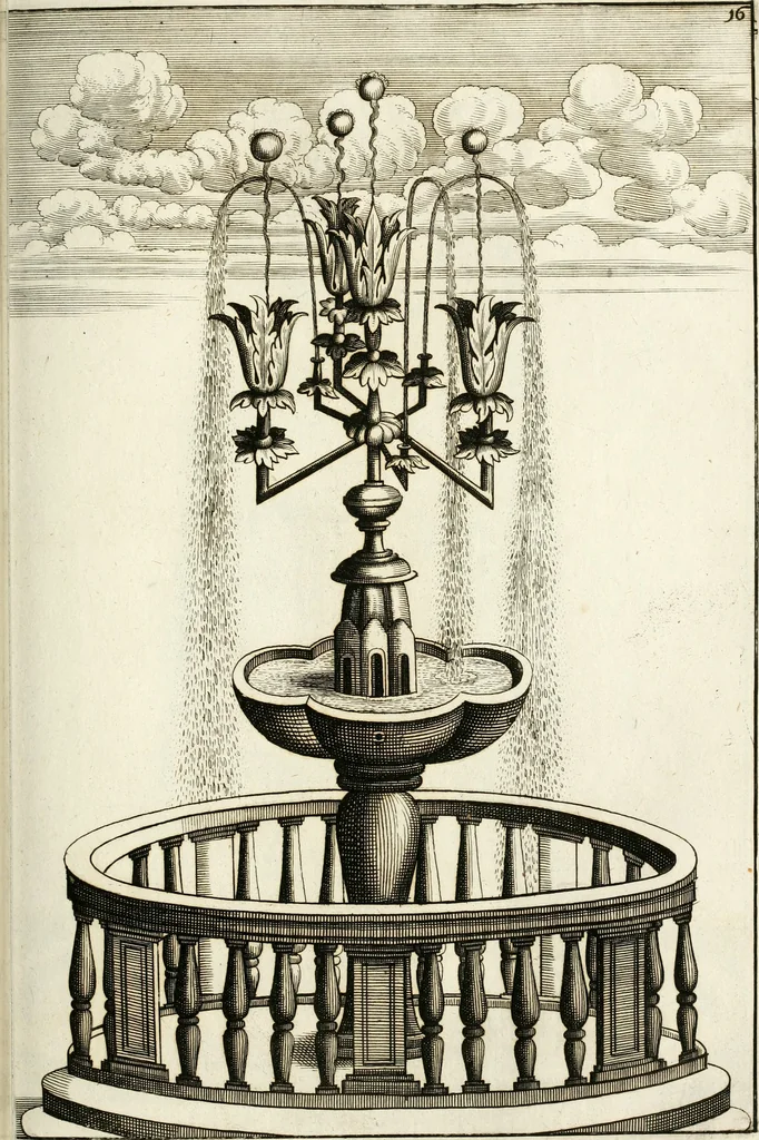 An illustration from Architectura curiosa nova, exponens 1. Fundamenta hydragogica, indolemq[ue] aquæ, aëris interventu in altum levandæ. 2. Varios aquarum ac salientium fontium lusus per varia spectatu jucunda epistomiorum seu siphonum genera. 3. Magnum amnissimorum fontium, machinarumq[ue] aquæductoriarum sumtu magno exstructarum, ac per Italiam, Britanniam, Germaniam &c. visendarum, numerum. 4. Specus artificiales sumtuosissimas, cum plerisq[ue] principum europæorum palatiis, hortis, aulis; nec non præcipuis monasteriis atq[ue] arcibus. 5. Cum auctario figurarum elegantissimarum, ad hortorum topiaria vario ductù dividenda, nec non conclavium laquearibus ac pavimentis segmentandis, itemq[ue] labyrinthis construendis, adhibendarum. Omnia 200 æri incisis... descripta, 1664, leaf 216