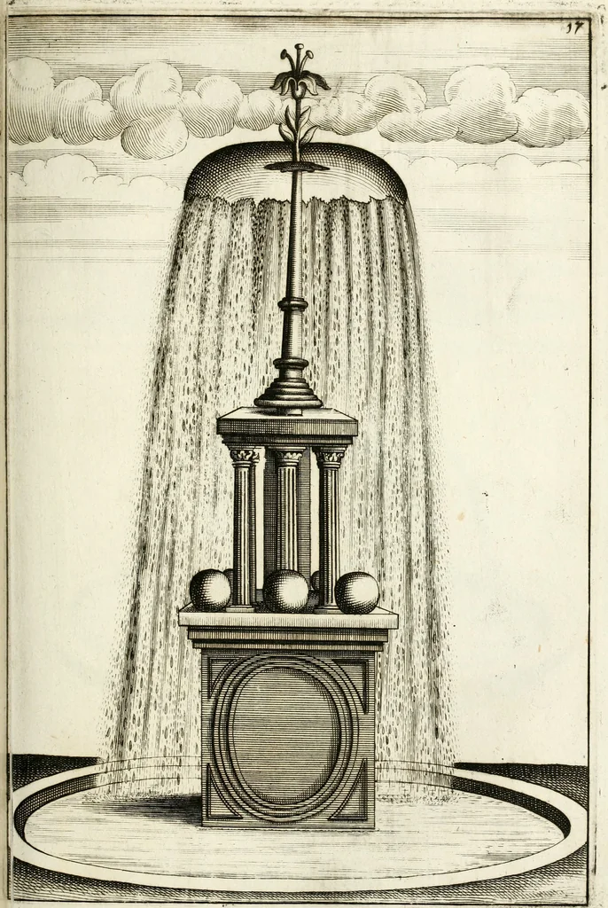 An illustration from Architectura curiosa nova, exponens 1. Fundamenta hydragogica, indolemq[ue] aquæ, aëris interventu in altum levandæ. 2. Varios aquarum ac salientium fontium lusus per varia spectatu jucunda epistomiorum seu siphonum genera. 3. Magnum amnissimorum fontium, machinarumq[ue] aquæductoriarum sumtu magno exstructarum, ac per Italiam, Britanniam, Germaniam &c. visendarum, numerum. 4. Specus artificiales sumtuosissimas, cum plerisq[ue] principum europæorum palatiis, hortis, aulis; nec non præcipuis monasteriis atq[ue] arcibus. 5. Cum auctario figurarum elegantissimarum, ad hortorum topiaria vario ductù dividenda, nec non conclavium laquearibus ac pavimentis segmentandis, itemq[ue] labyrinthis construendis, adhibendarum. Omnia 200 æri incisis... descripta, 1664, leaf 218
