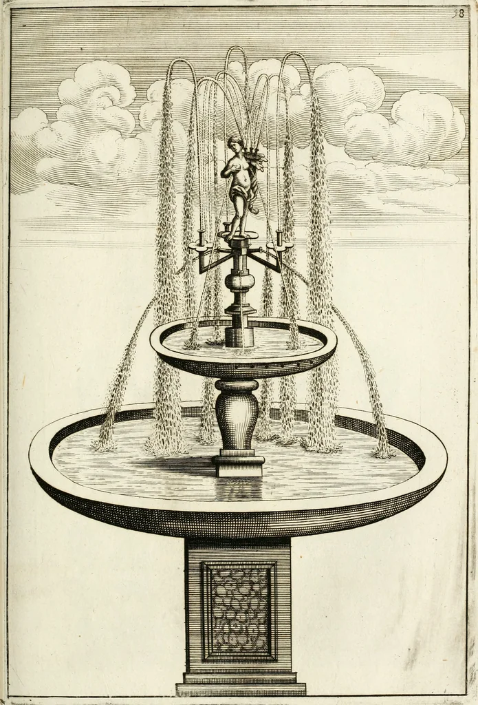 An illustration from Architectura curiosa nova, exponens 1. Fundamenta hydragogica, indolemq[ue] aquæ, aëris interventu in altum levandæ. 2. Varios aquarum ac salientium fontium lusus per varia spectatu jucunda epistomiorum seu siphonum genera. 3. Magnum amnissimorum fontium, machinarumq[ue] aquæductoriarum sumtu magno exstructarum, ac per Italiam, Britanniam, Germaniam &c. visendarum, numerum. 4. Specus artificiales sumtuosissimas, cum plerisq[ue] principum europæorum palatiis, hortis, aulis; nec non præcipuis monasteriis atq[ue] arcibus. 5. Cum auctario figurarum elegantissimarum, ad hortorum topiaria vario ductù dividenda, nec non conclavium laquearibus ac pavimentis segmentandis, itemq[ue] labyrinthis construendis, adhibendarum. Omnia 200 æri incisis... descripta, 1664, leaf 220