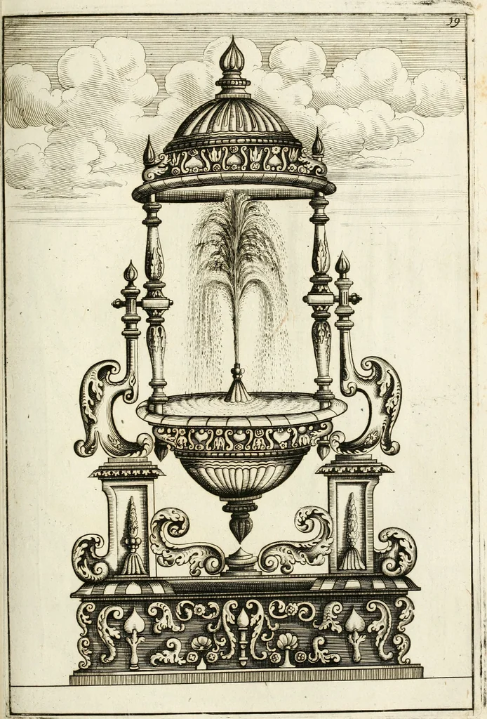 An illustration from Architectura curiosa nova, exponens 1. Fundamenta hydragogica, indolemq[ue] aquæ, aëris interventu in altum levandæ. 2. Varios aquarum ac salientium fontium lusus per varia spectatu jucunda epistomiorum seu siphonum genera. 3. Magnum amnissimorum fontium, machinarumq[ue] aquæductoriarum sumtu magno exstructarum, ac per Italiam, Britanniam, Germaniam &c. visendarum, numerum. 4. Specus artificiales sumtuosissimas, cum plerisq[ue] principum europæorum palatiis, hortis, aulis; nec non præcipuis monasteriis atq[ue] arcibus. 5. Cum auctario figurarum elegantissimarum, ad hortorum topiaria vario ductù dividenda, nec non conclavium laquearibus ac pavimentis segmentandis, itemq[ue] labyrinthis construendis, adhibendarum. Omnia 200 æri incisis... descripta, 1664, leaf 222