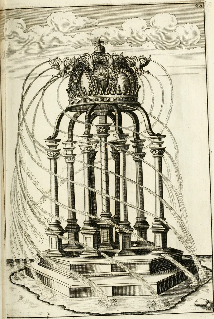 An illustration from Architectura curiosa nova, exponens 1. Fundamenta hydragogica, indolemq[ue] aquæ, aëris interventu in altum levandæ. 2. Varios aquarum ac salientium fontium lusus per varia spectatu jucunda epistomiorum seu siphonum genera. 3. Magnum amnissimorum fontium, machinarumq[ue] aquæductoriarum sumtu magno exstructarum, ac per Italiam, Britanniam, Germaniam &c. visendarum, numerum. 4. Specus artificiales sumtuosissimas, cum plerisq[ue] principum europæorum palatiis, hortis, aulis; nec non præcipuis monasteriis atq[ue] arcibus. 5. Cum auctario figurarum elegantissimarum, ad hortorum topiaria vario ductù dividenda, nec non conclavium laquearibus ac pavimentis segmentandis, itemq[ue] labyrinthis construendis, adhibendarum. Omnia 200 æri incisis... descripta, 1664, leaf 224