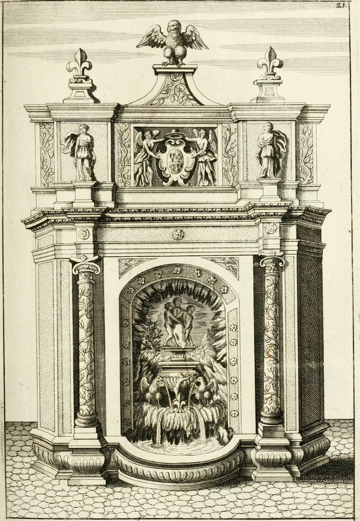 An illustration from Architectura curiosa nova, exponens 1. Fundamenta hydragogica, indolemq[ue] aquæ, aëris interventu in altum levandæ. 2. Varios aquarum ac salientium fontium lusus per varia spectatu jucunda epistomiorum seu siphonum genera. 3. Magnum amnissimorum fontium, machinarumq[ue] aquæductoriarum sumtu magno exstructarum, ac per Italiam, Britanniam, Germaniam &c. visendarum, numerum. 4. Specus artificiales sumtuosissimas, cum plerisq[ue] principum europæorum palatiis, hortis, aulis; nec non præcipuis monasteriis atq[ue] arcibus. 5. Cum auctario figurarum elegantissimarum, ad hortorum topiaria vario ductù dividenda, nec non conclavium laquearibus ac pavimentis segmentandis, itemq[ue] labyrinthis construendis, adhibendarum. Omnia 200 æri incisis... descripta, 1664, leaf 226