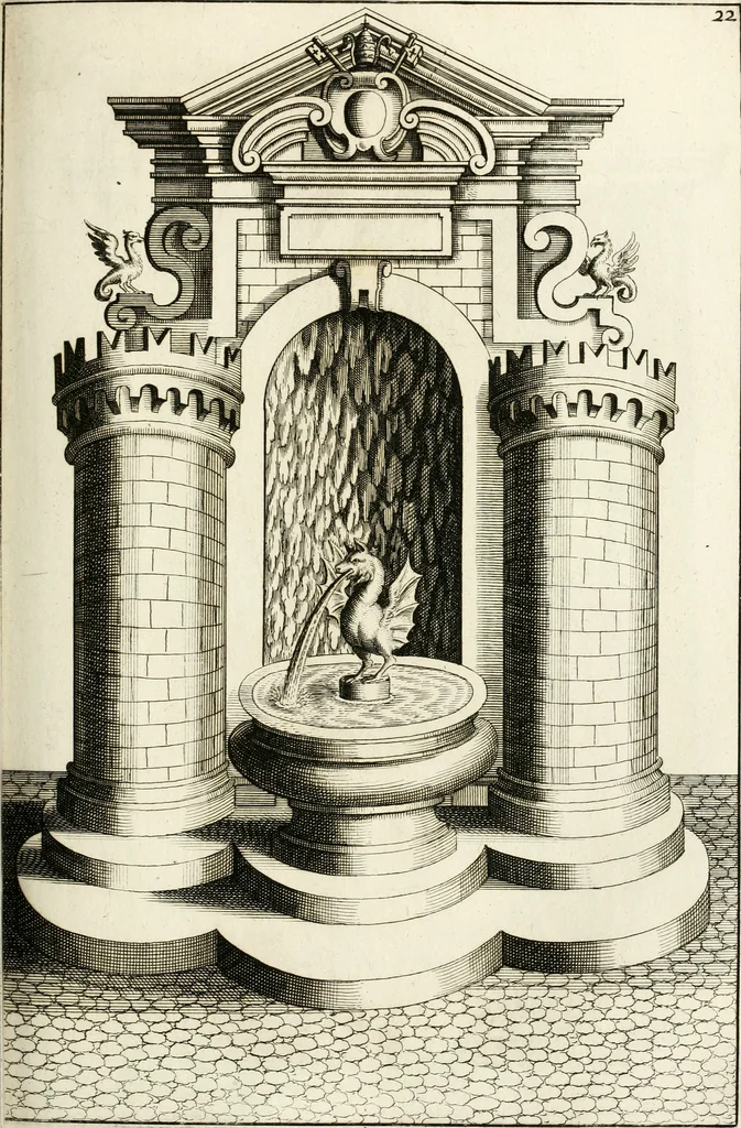 An illustration from Architectura curiosa nova, exponens 1. Fundamenta hydragogica, indolemq[ue] aquæ, aëris interventu in altum levandæ. 2. Varios aquarum ac salientium fontium lusus per varia spectatu jucunda epistomiorum seu siphonum genera. 3. Magnum amnissimorum fontium, machinarumq[ue] aquæductoriarum sumtu magno exstructarum, ac per Italiam, Britanniam, Germaniam &c. visendarum, numerum. 4. Specus artificiales sumtuosissimas, cum plerisq[ue] principum europæorum palatiis, hortis, aulis; nec non præcipuis monasteriis atq[ue] arcibus. 5. Cum auctario figurarum elegantissimarum, ad hortorum topiaria vario ductù dividenda, nec non conclavium laquearibus ac pavimentis segmentandis, itemq[ue] labyrinthis construendis, adhibendarum. Omnia 200 æri incisis... descripta, 1664, leaf 228