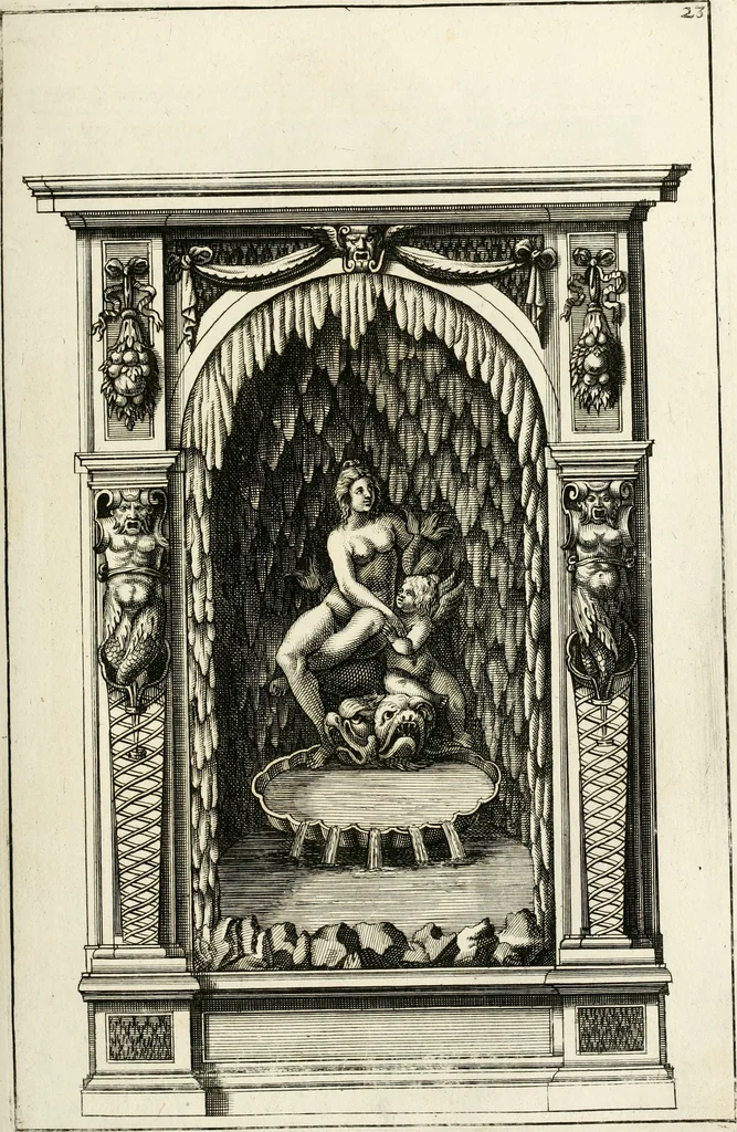 An illustration from Architectura curiosa nova, exponens 1. Fundamenta hydragogica, indolemq[ue] aquæ, aëris interventu in altum levandæ. 2. Varios aquarum ac salientium fontium lusus per varia spectatu jucunda epistomiorum seu siphonum genera. 3. Magnum amnissimorum fontium, machinarumq[ue] aquæductoriarum sumtu magno exstructarum, ac per Italiam, Britanniam, Germaniam &c. visendarum, numerum. 4. Specus artificiales sumtuosissimas, cum plerisq[ue] principum europæorum palatiis, hortis, aulis; nec non præcipuis monasteriis atq[ue] arcibus. 5. Cum auctario figurarum elegantissimarum, ad hortorum topiaria vario ductù dividenda, nec non conclavium laquearibus ac pavimentis segmentandis, itemq[ue] labyrinthis construendis, adhibendarum. Omnia 200 æri incisis... descripta, 1664, leaf 230