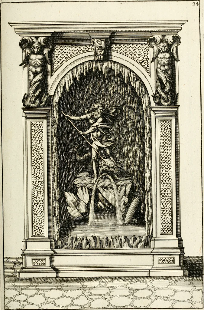 An illustration from Architectura curiosa nova, exponens 1. Fundamenta hydragogica, indolemq[ue] aquæ, aëris interventu in altum levandæ. 2. Varios aquarum ac salientium fontium lusus per varia spectatu jucunda epistomiorum seu siphonum genera. 3. Magnum amnissimorum fontium, machinarumq[ue] aquæductoriarum sumtu magno exstructarum, ac per Italiam, Britanniam, Germaniam &c. visendarum, numerum. 4. Specus artificiales sumtuosissimas, cum plerisq[ue] principum europæorum palatiis, hortis, aulis; nec non præcipuis monasteriis atq[ue] arcibus. 5. Cum auctario figurarum elegantissimarum, ad hortorum topiaria vario ductù dividenda, nec non conclavium laquearibus ac pavimentis segmentandis, itemq[ue] labyrinthis construendis, adhibendarum. Omnia 200 æri incisis... descripta, 1664, leaf 232