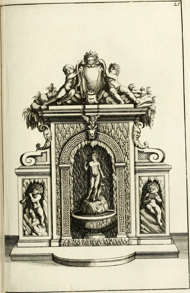 An illustration from Architectura curiosa nova, exponens 1. Fundamenta hydragogica, indolemq[ue] aquæ, aëris interventu in altum levandæ. 2. Varios aquarum ac salientium fontium lusus per varia spectatu jucunda epistomiorum seu siphonum genera. 3. Magnum amnissimorum fontium, machinarumq[ue] aquæductoriarum sumtu magno exstructarum, ac per Italiam, Britanniam, Germaniam &c. visendarum, numerum. 4. Specus artificiales sumtuosissimas, cum plerisq[ue] principum europæorum palatiis, hortis, aulis; nec non præcipuis monasteriis atq[ue] arcibus. 5. Cum auctario figurarum elegantissimarum, ad hortorum topiaria vario ductù dividenda, nec non conclavium laquearibus ac pavimentis segmentandis, itemq[ue] labyrinthis construendis, adhibendarum. Omnia 200 æri incisis... descripta, 1664, leaf 234