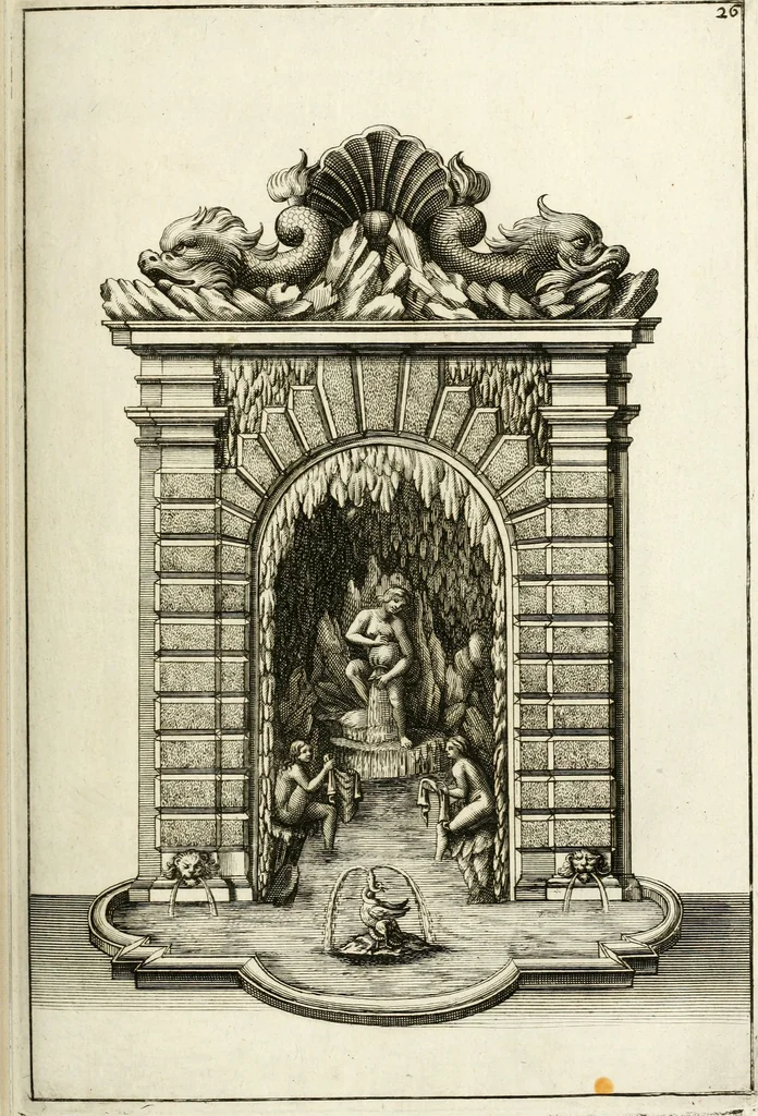 An illustration from Architectura curiosa nova, exponens 1. Fundamenta hydragogica, indolemq[ue] aquæ, aëris interventu in altum levandæ. 2. Varios aquarum ac salientium fontium lusus per varia spectatu jucunda epistomiorum seu siphonum genera. 3. Magnum amnissimorum fontium, machinarumq[ue] aquæductoriarum sumtu magno exstructarum, ac per Italiam, Britanniam, Germaniam &c. visendarum, numerum. 4. Specus artificiales sumtuosissimas, cum plerisq[ue] principum europæorum palatiis, hortis, aulis; nec non præcipuis monasteriis atq[ue] arcibus. 5. Cum auctario figurarum elegantissimarum, ad hortorum topiaria vario ductù dividenda, nec non conclavium laquearibus ac pavimentis segmentandis, itemq[ue] labyrinthis construendis, adhibendarum. Omnia 200 æri incisis... descripta, 1664, leaf 236