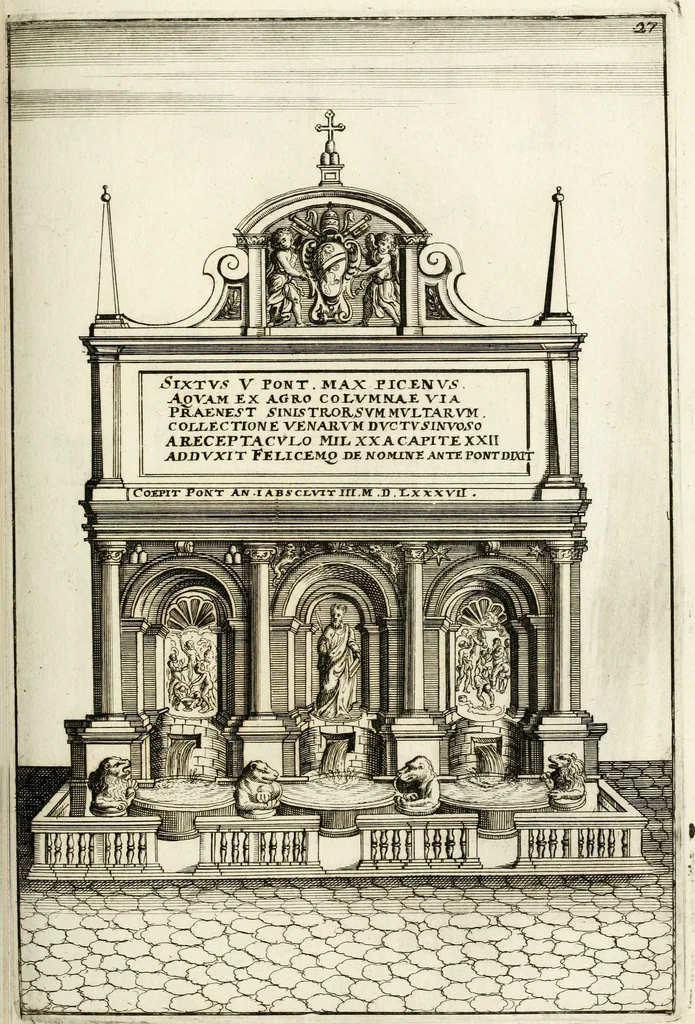 An illustration from Architectura curiosa nova, exponens 1. Fundamenta hydragogica, indolemq[ue] aquæ, aëris interventu in altum levandæ. 2. Varios aquarum ac salientium fontium lusus per varia spectatu jucunda epistomiorum seu siphonum genera. 3. Magnum amnissimorum fontium, machinarumq[ue] aquæductoriarum sumtu magno exstructarum, ac per Italiam, Britanniam, Germaniam &c. visendarum, numerum. 4. Specus artificiales sumtuosissimas, cum plerisq[ue] principum europæorum palatiis, hortis, aulis; nec non præcipuis monasteriis atq[ue] arcibus. 5. Cum auctario figurarum elegantissimarum, ad hortorum topiaria vario ductù dividenda, nec non conclavium laquearibus ac pavimentis segmentandis, itemq[ue] labyrinthis construendis, adhibendarum. Omnia 200 æri incisis... descripta, 1664, leaf 238