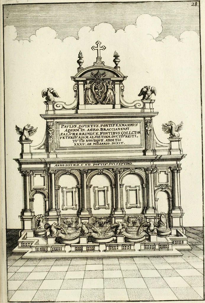 An illustration from Architectura curiosa nova, exponens 1. Fundamenta hydragogica, indolemq[ue] aquæ, aëris interventu in altum levandæ. 2. Varios aquarum ac salientium fontium lusus per varia spectatu jucunda epistomiorum seu siphonum genera. 3. Magnum amnissimorum fontium, machinarumq[ue] aquæductoriarum sumtu magno exstructarum, ac per Italiam, Britanniam, Germaniam &c. visendarum, numerum. 4. Specus artificiales sumtuosissimas, cum plerisq[ue] principum europæorum palatiis, hortis, aulis; nec non præcipuis monasteriis atq[ue] arcibus. 5. Cum auctario figurarum elegantissimarum, ad hortorum topiaria vario ductù dividenda, nec non conclavium laquearibus ac pavimentis segmentandis, itemq[ue] labyrinthis construendis, adhibendarum. Omnia 200 æri incisis... descripta, 1664, leaf 240