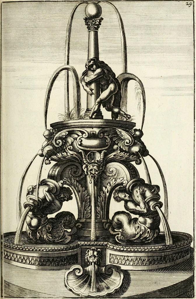 An illustration from Architectura curiosa nova, exponens 1. Fundamenta hydragogica, indolemq[ue] aquæ, aëris interventu in altum levandæ. 2. Varios aquarum ac salientium fontium lusus per varia spectatu jucunda epistomiorum seu siphonum genera. 3. Magnum amnissimorum fontium, machinarumq[ue] aquæductoriarum sumtu magno exstructarum, ac per Italiam, Britanniam, Germaniam &c. visendarum, numerum. 4. Specus artificiales sumtuosissimas, cum plerisq[ue] principum europæorum palatiis, hortis, aulis; nec non præcipuis monasteriis atq[ue] arcibus. 5. Cum auctario figurarum elegantissimarum, ad hortorum topiaria vario ductù dividenda, nec non conclavium laquearibus ac pavimentis segmentandis, itemq[ue] labyrinthis construendis, adhibendarum. Omnia 200 æri incisis... descripta, 1664, leaf 242