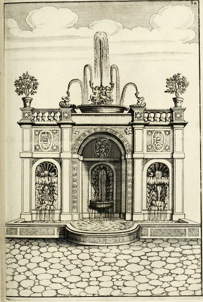 An illustration from Architectura curiosa nova, exponens 1. Fundamenta hydragogica, indolemq[ue] aquæ, aëris interventu in altum levandæ. 2. Varios aquarum ac salientium fontium lusus per varia spectatu jucunda epistomiorum seu siphonum genera. 3. Magnum amnissimorum fontium, machinarumq[ue] aquæductoriarum sumtu magno exstructarum, ac per Italiam, Britanniam, Germaniam &c. visendarum, numerum. 4. Specus artificiales sumtuosissimas, cum plerisq[ue] principum europæorum palatiis, hortis, aulis; nec non præcipuis monasteriis atq[ue] arcibus. 5. Cum auctario figurarum elegantissimarum, ad hortorum topiaria vario ductù dividenda, nec non conclavium laquearibus ac pavimentis segmentandis, itemq[ue] labyrinthis construendis, adhibendarum. Omnia 200 æri incisis... descripta, 1664, leaf 244