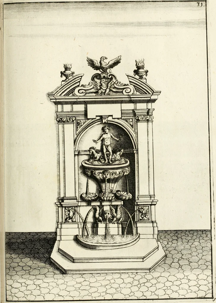 An illustration from Architectura curiosa nova, exponens 1. Fundamenta hydragogica, indolemq[ue] aquæ, aëris interventu in altum levandæ. 2. Varios aquarum ac salientium fontium lusus per varia spectatu jucunda epistomiorum seu siphonum genera. 3. Magnum amnissimorum fontium, machinarumq[ue] aquæductoriarum sumtu magno exstructarum, ac per Italiam, Britanniam, Germaniam &c. visendarum, numerum. 4. Specus artificiales sumtuosissimas, cum plerisq[ue] principum europæorum palatiis, hortis, aulis; nec non præcipuis monasteriis atq[ue] arcibus. 5. Cum auctario figurarum elegantissimarum, ad hortorum topiaria vario ductù dividenda, nec non conclavium laquearibus ac pavimentis segmentandis, itemq[ue] labyrinthis construendis, adhibendarum. Omnia 200 æri incisis... descripta, 1664, leaf 246