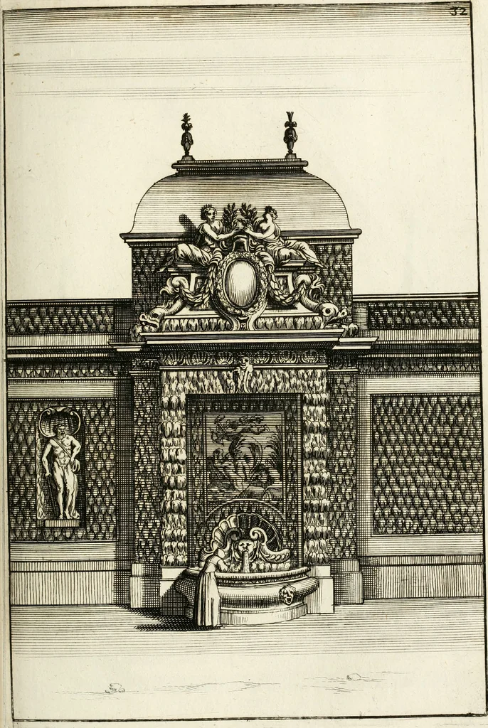 An illustration from Architectura curiosa nova, exponens 1. Fundamenta hydragogica, indolemq[ue] aquæ, aëris interventu in altum levandæ. 2. Varios aquarum ac salientium fontium lusus per varia spectatu jucunda epistomiorum seu siphonum genera. 3. Magnum amnissimorum fontium, machinarumq[ue] aquæductoriarum sumtu magno exstructarum, ac per Italiam, Britanniam, Germaniam &c. visendarum, numerum. 4. Specus artificiales sumtuosissimas, cum plerisq[ue] principum europæorum palatiis, hortis, aulis; nec non præcipuis monasteriis atq[ue] arcibus. 5. Cum auctario figurarum elegantissimarum, ad hortorum topiaria vario ductù dividenda, nec non conclavium laquearibus ac pavimentis segmentandis, itemq[ue] labyrinthis construendis, adhibendarum. Omnia 200 æri incisis... descripta, 1664, leaf 248