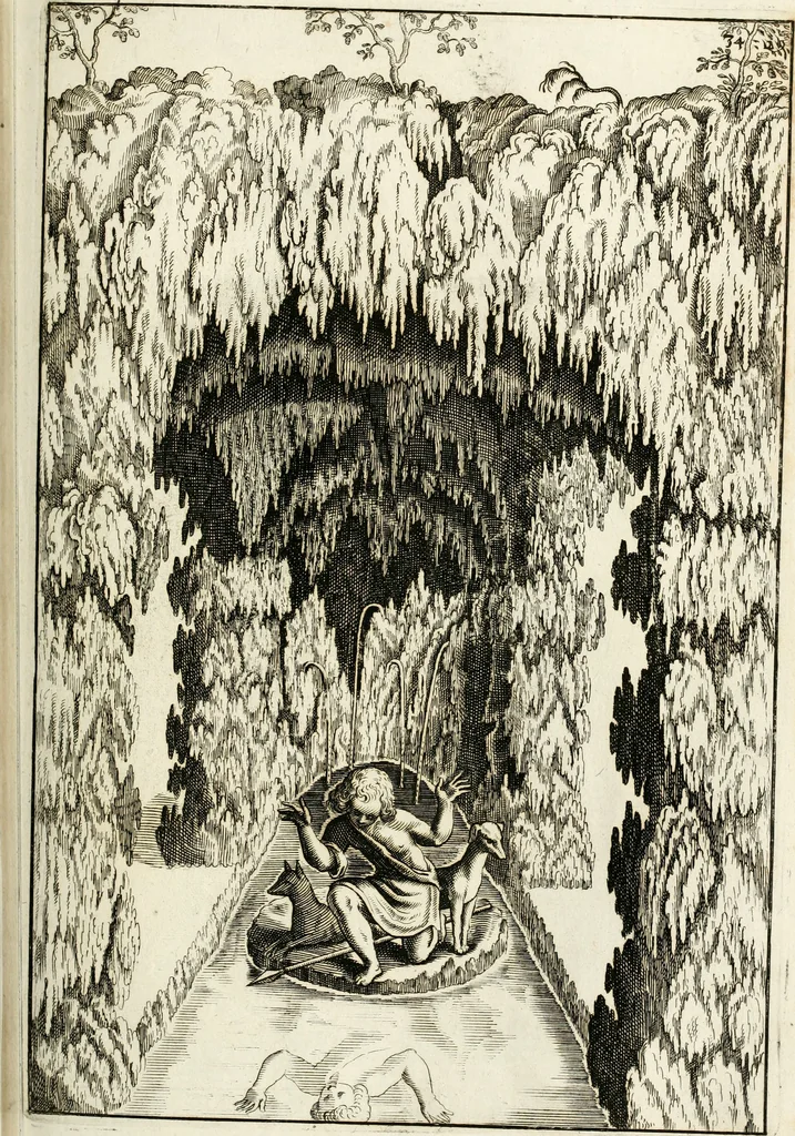 An illustration from Architectura curiosa nova, exponens 1. Fundamenta hydragogica, indolemq[ue] aquæ, aëris interventu in altum levandæ. 2. Varios aquarum ac salientium fontium lusus per varia spectatu jucunda epistomiorum seu siphonum genera. 3. Magnum amnissimorum fontium, machinarumq[ue] aquæductoriarum sumtu magno exstructarum, ac per Italiam, Britanniam, Germaniam &c. visendarum, numerum. 4. Specus artificiales sumtuosissimas, cum plerisq[ue] principum europæorum palatiis, hortis, aulis; nec non præcipuis monasteriis atq[ue] arcibus. 5. Cum auctario figurarum elegantissimarum, ad hortorum topiaria vario ductù dividenda, nec non conclavium laquearibus ac pavimentis segmentandis, itemq[ue] labyrinthis construendis, adhibendarum. Omnia 200 æri incisis... descripta, 1664, leaf 252