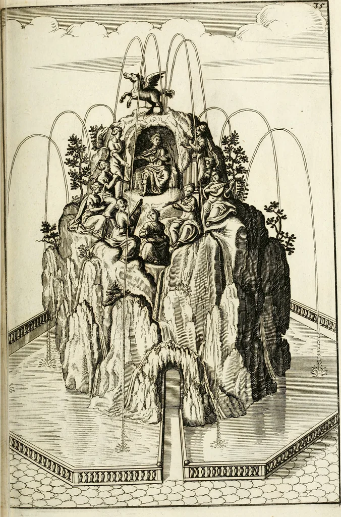 An illustration from Architectura curiosa nova, exponens 1. Fundamenta hydragogica, indolemq[ue] aquæ, aëris interventu in altum levandæ. 2. Varios aquarum ac salientium fontium lusus per varia spectatu jucunda epistomiorum seu siphonum genera. 3. Magnum amnissimorum fontium, machinarumq[ue] aquæductoriarum sumtu magno exstructarum, ac per Italiam, Britanniam, Germaniam &c. visendarum, numerum. 4. Specus artificiales sumtuosissimas, cum plerisq[ue] principum europæorum palatiis, hortis, aulis; nec non præcipuis monasteriis atq[ue] arcibus. 5. Cum auctario figurarum elegantissimarum, ad hortorum topiaria vario ductù dividenda, nec non conclavium laquearibus ac pavimentis segmentandis, itemq[ue] labyrinthis construendis, adhibendarum. Omnia 200 æri incisis... descripta, 1664, leaf 254