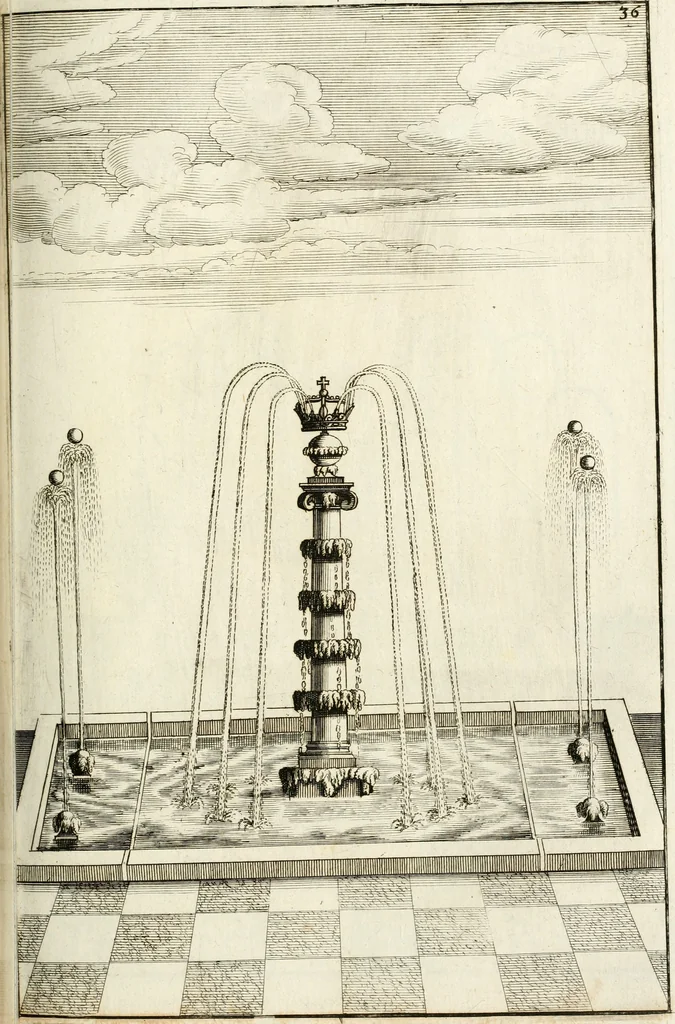 An illustration from Architectura curiosa nova, exponens 1. Fundamenta hydragogica, indolemq[ue] aquæ, aëris interventu in altum levandæ. 2. Varios aquarum ac salientium fontium lusus per varia spectatu jucunda epistomiorum seu siphonum genera. 3. Magnum amnissimorum fontium, machinarumq[ue] aquæductoriarum sumtu magno exstructarum, ac per Italiam, Britanniam, Germaniam &c. visendarum, numerum. 4. Specus artificiales sumtuosissimas, cum plerisq[ue] principum europæorum palatiis, hortis, aulis; nec non præcipuis monasteriis atq[ue] arcibus. 5. Cum auctario figurarum elegantissimarum, ad hortorum topiaria vario ductù dividenda, nec non conclavium laquearibus ac pavimentis segmentandis, itemq[ue] labyrinthis construendis, adhibendarum. Omnia 200 æri incisis... descripta, 1664, leaf 256