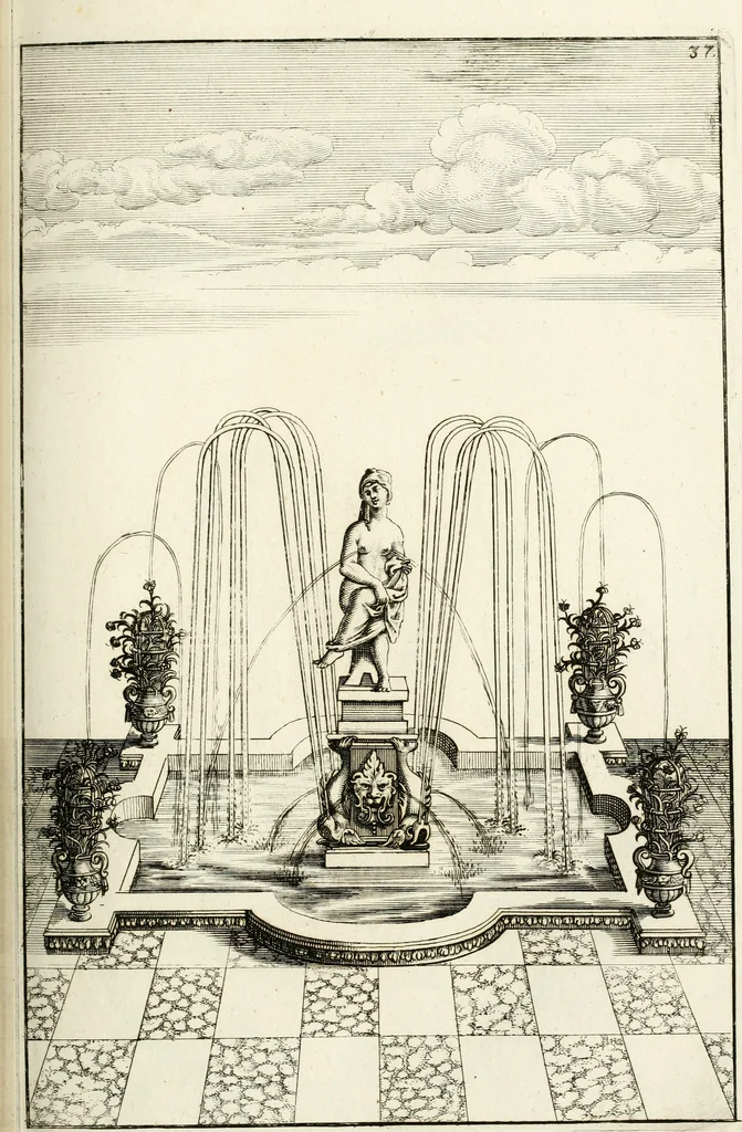 An illustration from Architectura curiosa nova, exponens 1. Fundamenta hydragogica, indolemq[ue] aquæ, aëris interventu in altum levandæ. 2. Varios aquarum ac salientium fontium lusus per varia spectatu jucunda epistomiorum seu siphonum genera. 3. Magnum amnissimorum fontium, machinarumq[ue] aquæductoriarum sumtu magno exstructarum, ac per Italiam, Britanniam, Germaniam &c. visendarum, numerum. 4. Specus artificiales sumtuosissimas, cum plerisq[ue] principum europæorum palatiis, hortis, aulis; nec non præcipuis monasteriis atq[ue] arcibus. 5. Cum auctario figurarum elegantissimarum, ad hortorum topiaria vario ductù dividenda, nec non conclavium laquearibus ac pavimentis segmentandis, itemq[ue] labyrinthis construendis, adhibendarum. Omnia 200 æri incisis... descripta, 1664, leaf 258