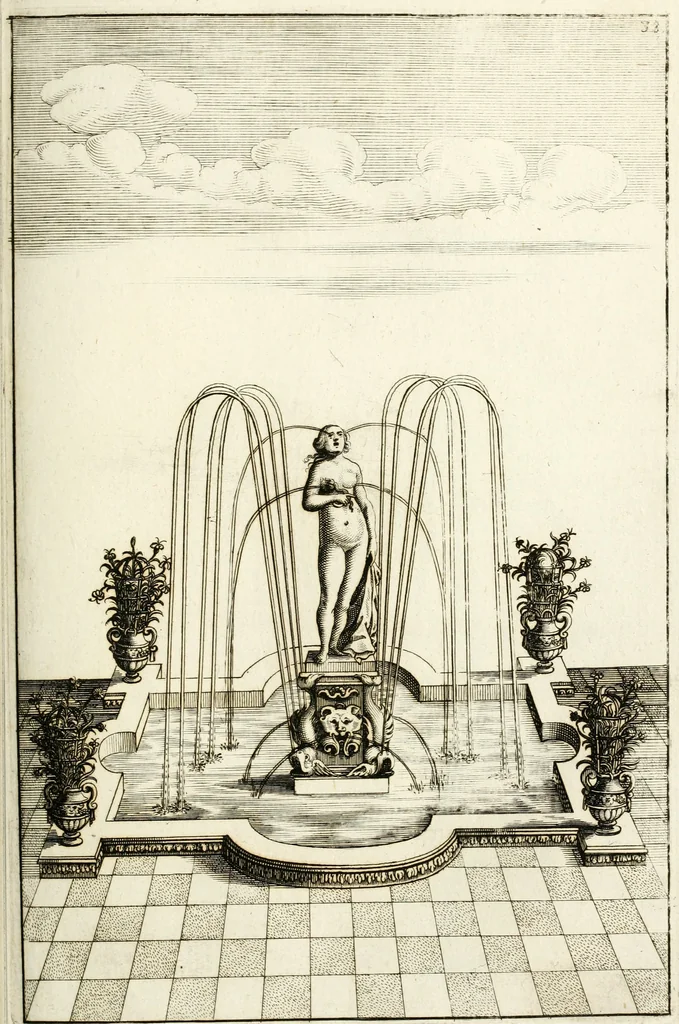 An illustration from Architectura curiosa nova, exponens 1. Fundamenta hydragogica, indolemq[ue] aquæ, aëris interventu in altum levandæ. 2. Varios aquarum ac salientium fontium lusus per varia spectatu jucunda epistomiorum seu siphonum genera. 3. Magnum amnissimorum fontium, machinarumq[ue] aquæductoriarum sumtu magno exstructarum, ac per Italiam, Britanniam, Germaniam &c. visendarum, numerum. 4. Specus artificiales sumtuosissimas, cum plerisq[ue] principum europæorum palatiis, hortis, aulis; nec non præcipuis monasteriis atq[ue] arcibus. 5. Cum auctario figurarum elegantissimarum, ad hortorum topiaria vario ductù dividenda, nec non conclavium laquearibus ac pavimentis segmentandis, itemq[ue] labyrinthis construendis, adhibendarum. Omnia 200 æri incisis... descripta, 1664, leaf 260