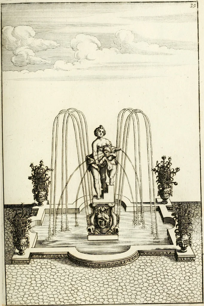 An illustration from Architectura curiosa nova, exponens 1. Fundamenta hydragogica, indolemq[ue] aquæ, aëris interventu in altum levandæ. 2. Varios aquarum ac salientium fontium lusus per varia spectatu jucunda epistomiorum seu siphonum genera. 3. Magnum amnissimorum fontium, machinarumq[ue] aquæductoriarum sumtu magno exstructarum, ac per Italiam, Britanniam, Germaniam &c. visendarum, numerum. 4. Specus artificiales sumtuosissimas, cum plerisq[ue] principum europæorum palatiis, hortis, aulis; nec non præcipuis monasteriis atq[ue] arcibus. 5. Cum auctario figurarum elegantissimarum, ad hortorum topiaria vario ductù dividenda, nec non conclavium laquearibus ac pavimentis segmentandis, itemq[ue] labyrinthis construendis, adhibendarum. Omnia 200 æri incisis... descripta, 1664, leaf 262