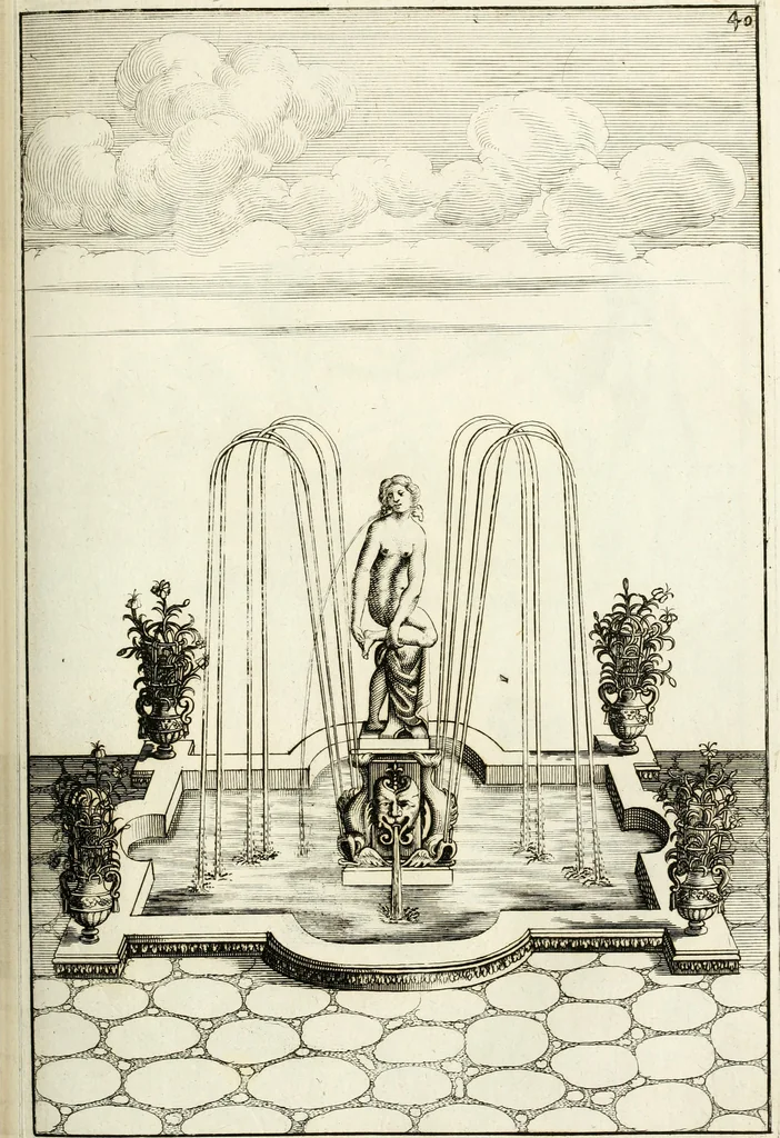 An illustration from Architectura curiosa nova, exponens 1. Fundamenta hydragogica, indolemq[ue] aquæ, aëris interventu in altum levandæ. 2. Varios aquarum ac salientium fontium lusus per varia spectatu jucunda epistomiorum seu siphonum genera. 3. Magnum amnissimorum fontium, machinarumq[ue] aquæductoriarum sumtu magno exstructarum, ac per Italiam, Britanniam, Germaniam &c. visendarum, numerum. 4. Specus artificiales sumtuosissimas, cum plerisq[ue] principum europæorum palatiis, hortis, aulis; nec non præcipuis monasteriis atq[ue] arcibus. 5. Cum auctario figurarum elegantissimarum, ad hortorum topiaria vario ductù dividenda, nec non conclavium laquearibus ac pavimentis segmentandis, itemq[ue] labyrinthis construendis, adhibendarum. Omnia 200 æri incisis... descripta, 1664, leaf 264