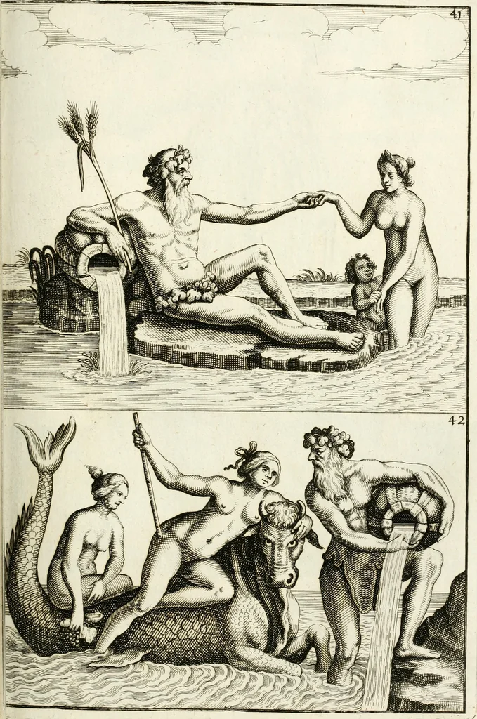 An illustration from Architectura curiosa nova, exponens 1. Fundamenta hydragogica, indolemq[ue] aquæ, aëris interventu in altum levandæ. 2. Varios aquarum ac salientium fontium lusus per varia spectatu jucunda epistomiorum seu siphonum genera. 3. Magnum amnissimorum fontium, machinarumq[ue] aquæductoriarum sumtu magno exstructarum, ac per Italiam, Britanniam, Germaniam &c. visendarum, numerum. 4. Specus artificiales sumtuosissimas, cum plerisq[ue] principum europæorum palatiis, hortis, aulis; nec non præcipuis monasteriis atq[ue] arcibus. 5. Cum auctario figurarum elegantissimarum, ad hortorum topiaria vario ductù dividenda, nec non conclavium laquearibus ac pavimentis segmentandis, itemq[ue] labyrinthis construendis, adhibendarum. Omnia 200 æri incisis... descripta, 1664, leaf 266