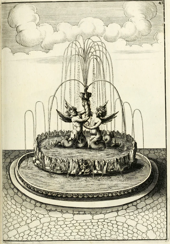 An illustration from Architectura curiosa nova, exponens 1. Fundamenta hydragogica, indolemq[ue] aquæ, aëris interventu in altum levandæ. 2. Varios aquarum ac salientium fontium lusus per varia spectatu jucunda epistomiorum seu siphonum genera. 3. Magnum amnissimorum fontium, machinarumq[ue] aquæductoriarum sumtu magno exstructarum, ac per Italiam, Britanniam, Germaniam &c. visendarum, numerum. 4. Specus artificiales sumtuosissimas, cum plerisq[ue] principum europæorum palatiis, hortis, aulis; nec non præcipuis monasteriis atq[ue] arcibus. 5. Cum auctario figurarum elegantissimarum, ad hortorum topiaria vario ductù dividenda, nec non conclavium laquearibus ac pavimentis segmentandis, itemq[ue] labyrinthis construendis, adhibendarum. Omnia 200 æri incisis... descripta, 1664, leaf 268