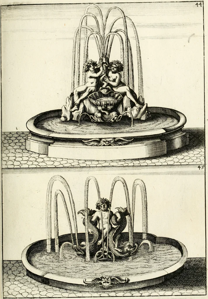 An illustration from Architectura curiosa nova, exponens 1. Fundamenta hydragogica, indolemq[ue] aquæ, aëris interventu in altum levandæ. 2. Varios aquarum ac salientium fontium lusus per varia spectatu jucunda epistomiorum seu siphonum genera. 3. Magnum amnissimorum fontium, machinarumq[ue] aquæductoriarum sumtu magno exstructarum, ac per Italiam, Britanniam, Germaniam &c. visendarum, numerum. 4. Specus artificiales sumtuosissimas, cum plerisq[ue] principum europæorum palatiis, hortis, aulis; nec non præcipuis monasteriis atq[ue] arcibus. 5. Cum auctario figurarum elegantissimarum, ad hortorum topiaria vario ductù dividenda, nec non conclavium laquearibus ac pavimentis segmentandis, itemq[ue] labyrinthis construendis, adhibendarum. Omnia 200 æri incisis... descripta, 1664, leaf 270