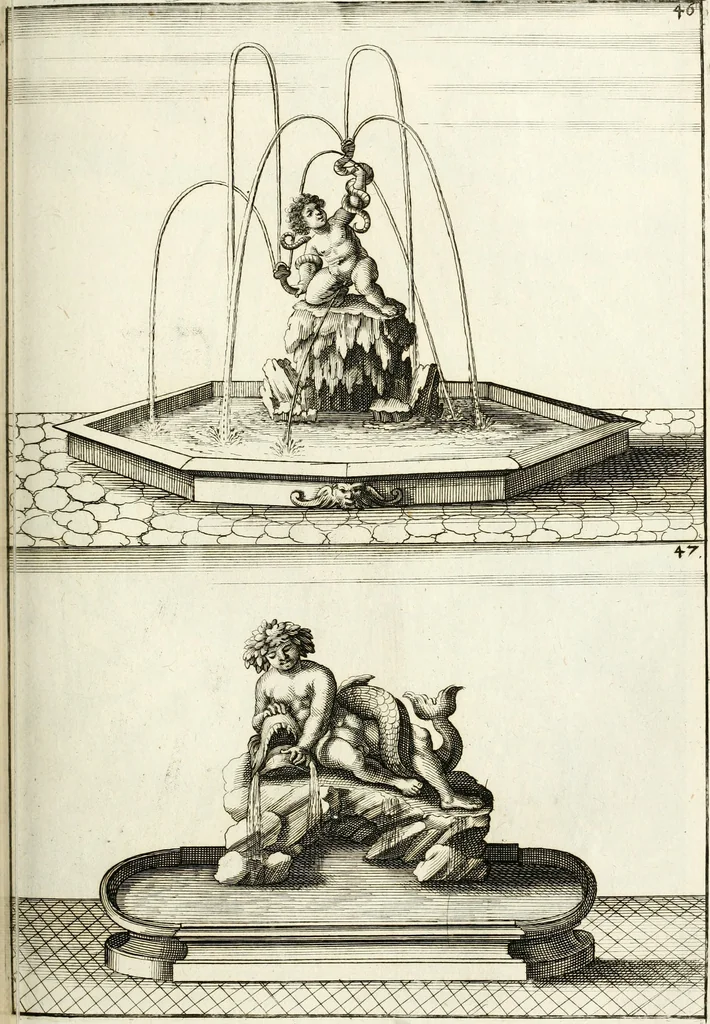An illustration from Architectura curiosa nova, exponens 1. Fundamenta hydragogica, indolemq[ue] aquæ, aëris interventu in altum levandæ. 2. Varios aquarum ac salientium fontium lusus per varia spectatu jucunda epistomiorum seu siphonum genera. 3. Magnum amnissimorum fontium, machinarumq[ue] aquæductoriarum sumtu magno exstructarum, ac per Italiam, Britanniam, Germaniam &c. visendarum, numerum. 4. Specus artificiales sumtuosissimas, cum plerisq[ue] principum europæorum palatiis, hortis, aulis; nec non præcipuis monasteriis atq[ue] arcibus. 5. Cum auctario figurarum elegantissimarum, ad hortorum topiaria vario ductù dividenda, nec non conclavium laquearibus ac pavimentis segmentandis, itemq[ue] labyrinthis construendis, adhibendarum. Omnia 200 æri incisis... descripta, 1664, leaf 272