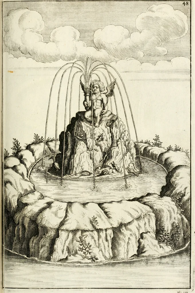 An illustration from Architectura curiosa nova, exponens 1. Fundamenta hydragogica, indolemq[ue] aquæ, aëris interventu in altum levandæ. 2. Varios aquarum ac salientium fontium lusus per varia spectatu jucunda epistomiorum seu siphonum genera. 3. Magnum amnissimorum fontium, machinarumq[ue] aquæductoriarum sumtu magno exstructarum, ac per Italiam, Britanniam, Germaniam &c. visendarum, numerum. 4. Specus artificiales sumtuosissimas, cum plerisq[ue] principum europæorum palatiis, hortis, aulis; nec non præcipuis monasteriis atq[ue] arcibus. 5. Cum auctario figurarum elegantissimarum, ad hortorum topiaria vario ductù dividenda, nec non conclavium laquearibus ac pavimentis segmentandis, itemq[ue] labyrinthis construendis, adhibendarum. Omnia 200 æri incisis... descripta, 1664, leaf 274