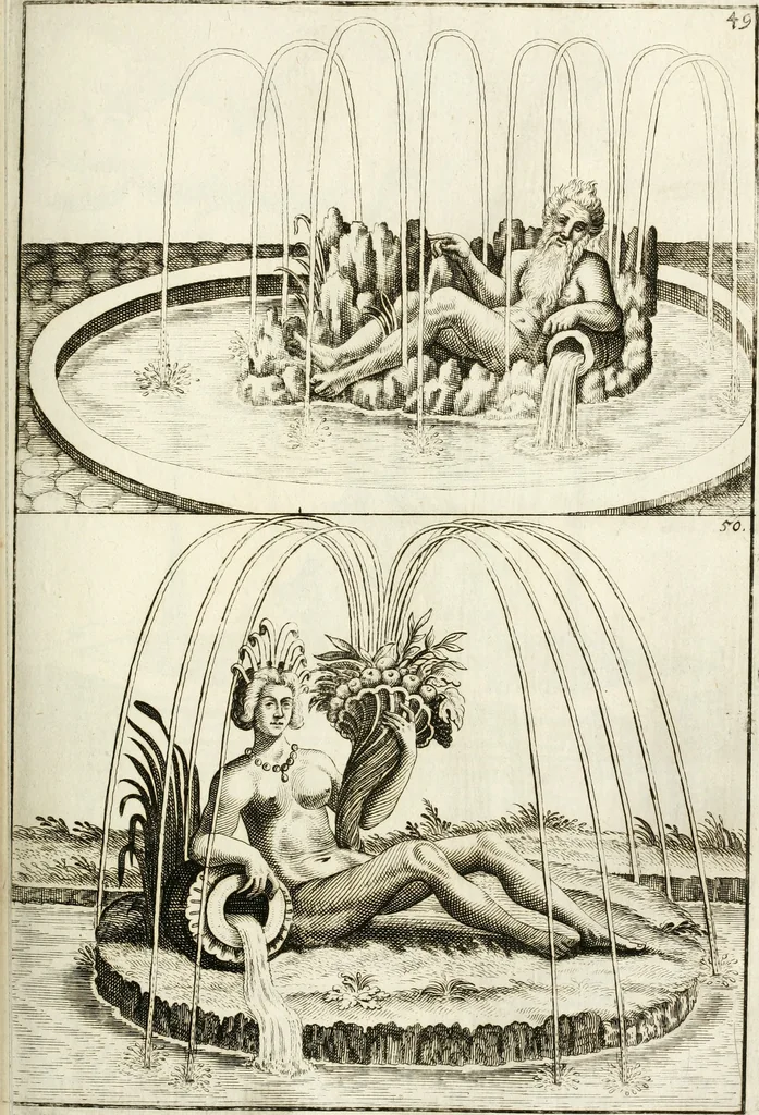 An illustration from Architectura curiosa nova, exponens 1. Fundamenta hydragogica, indolemq[ue] aquæ, aëris interventu in altum levandæ. 2. Varios aquarum ac salientium fontium lusus per varia spectatu jucunda epistomiorum seu siphonum genera. 3. Magnum amnissimorum fontium, machinarumq[ue] aquæductoriarum sumtu magno exstructarum, ac per Italiam, Britanniam, Germaniam &c. visendarum, numerum. 4. Specus artificiales sumtuosissimas, cum plerisq[ue] principum europæorum palatiis, hortis, aulis; nec non præcipuis monasteriis atq[ue] arcibus. 5. Cum auctario figurarum elegantissimarum, ad hortorum topiaria vario ductù dividenda, nec non conclavium laquearibus ac pavimentis segmentandis, itemq[ue] labyrinthis construendis, adhibendarum. Omnia 200 æri incisis... descripta, 1664, leaf 276