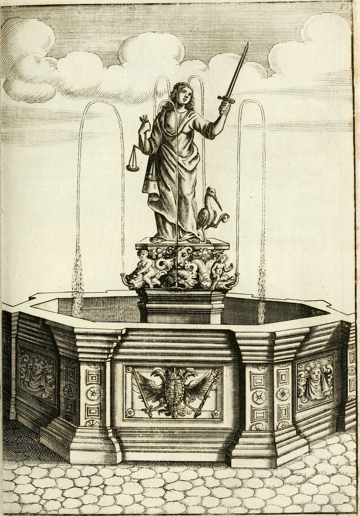 An illustration from Architectura curiosa nova, exponens 1. Fundamenta hydragogica, indolemq[ue] aquæ, aëris interventu in altum levandæ. 2. Varios aquarum ac salientium fontium lusus per varia spectatu jucunda epistomiorum seu siphonum genera. 3. Magnum amnissimorum fontium, machinarumq[ue] aquæductoriarum sumtu magno exstructarum, ac per Italiam, Britanniam, Germaniam &c. visendarum, numerum. 4. Specus artificiales sumtuosissimas, cum plerisq[ue] principum europæorum palatiis, hortis, aulis; nec non præcipuis monasteriis atq[ue] arcibus. 5. Cum auctario figurarum elegantissimarum, ad hortorum topiaria vario ductù dividenda, nec non conclavium laquearibus ac pavimentis segmentandis, itemq[ue] labyrinthis construendis, adhibendarum. Omnia 200 æri incisis... descripta, 1664, leaf 278