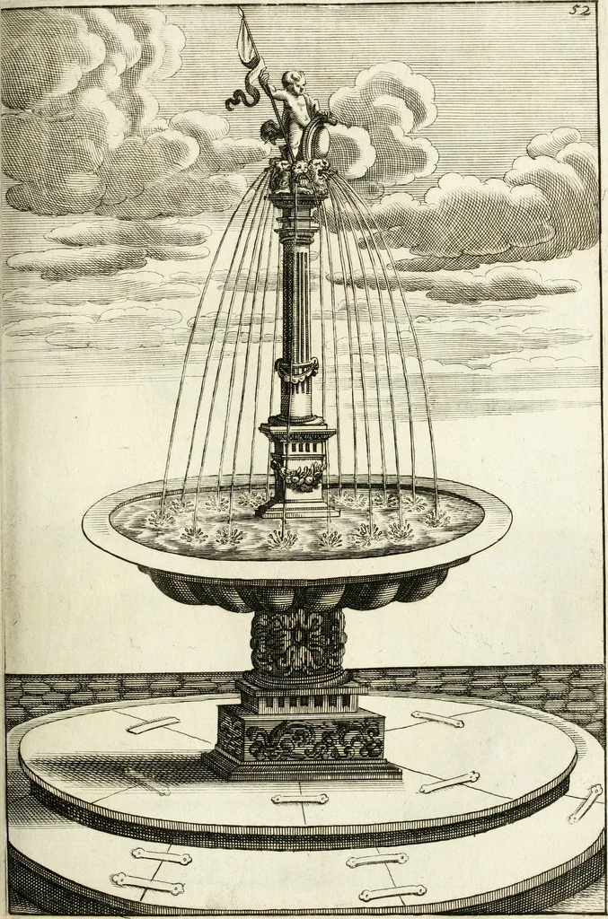 An illustration from Architectura curiosa nova, exponens 1. Fundamenta hydragogica, indolemq[ue] aquæ, aëris interventu in altum levandæ. 2. Varios aquarum ac salientium fontium lusus per varia spectatu jucunda epistomiorum seu siphonum genera. 3. Magnum amnissimorum fontium, machinarumq[ue] aquæductoriarum sumtu magno exstructarum, ac per Italiam, Britanniam, Germaniam &c. visendarum, numerum. 4. Specus artificiales sumtuosissimas, cum plerisq[ue] principum europæorum palatiis, hortis, aulis; nec non præcipuis monasteriis atq[ue] arcibus. 5. Cum auctario figurarum elegantissimarum, ad hortorum topiaria vario ductù dividenda, nec non conclavium laquearibus ac pavimentis segmentandis, itemq[ue] labyrinthis construendis, adhibendarum. Omnia 200 æri incisis... descripta, 1664, leaf 280