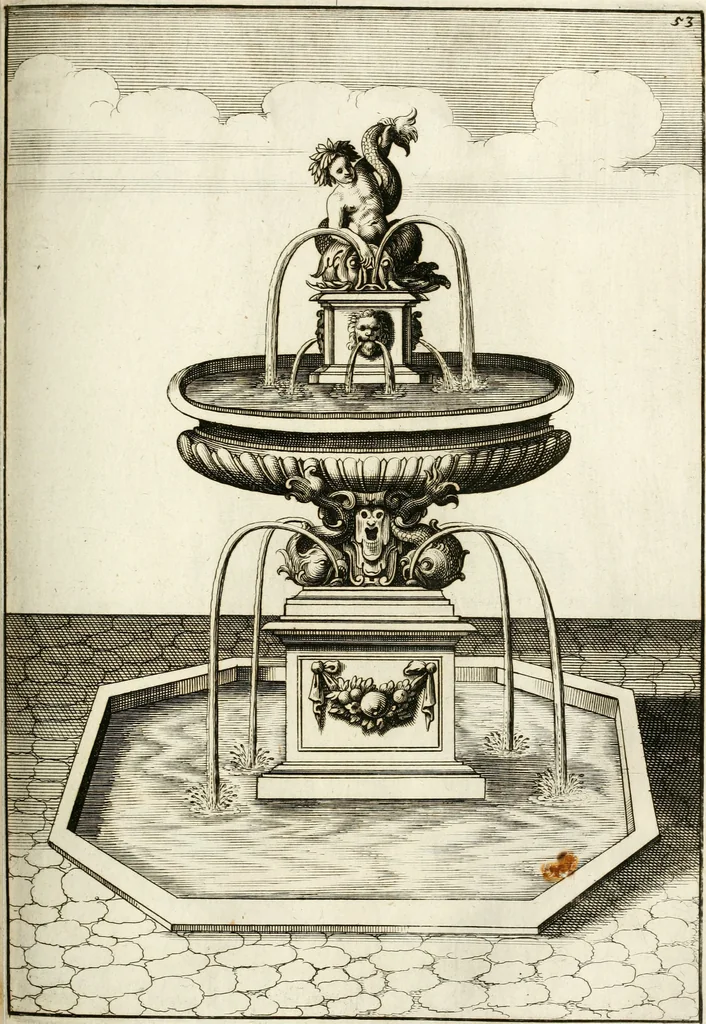 An illustration from Architectura curiosa nova, exponens 1. Fundamenta hydragogica, indolemq[ue] aquæ, aëris interventu in altum levandæ. 2. Varios aquarum ac salientium fontium lusus per varia spectatu jucunda epistomiorum seu siphonum genera. 3. Magnum amnissimorum fontium, machinarumq[ue] aquæductoriarum sumtu magno exstructarum, ac per Italiam, Britanniam, Germaniam &c. visendarum, numerum. 4. Specus artificiales sumtuosissimas, cum plerisq[ue] principum europæorum palatiis, hortis, aulis; nec non præcipuis monasteriis atq[ue] arcibus. 5. Cum auctario figurarum elegantissimarum, ad hortorum topiaria vario ductù dividenda, nec non conclavium laquearibus ac pavimentis segmentandis, itemq[ue] labyrinthis construendis, adhibendarum. Omnia 200 æri incisis... descripta, 1664, leaf 282