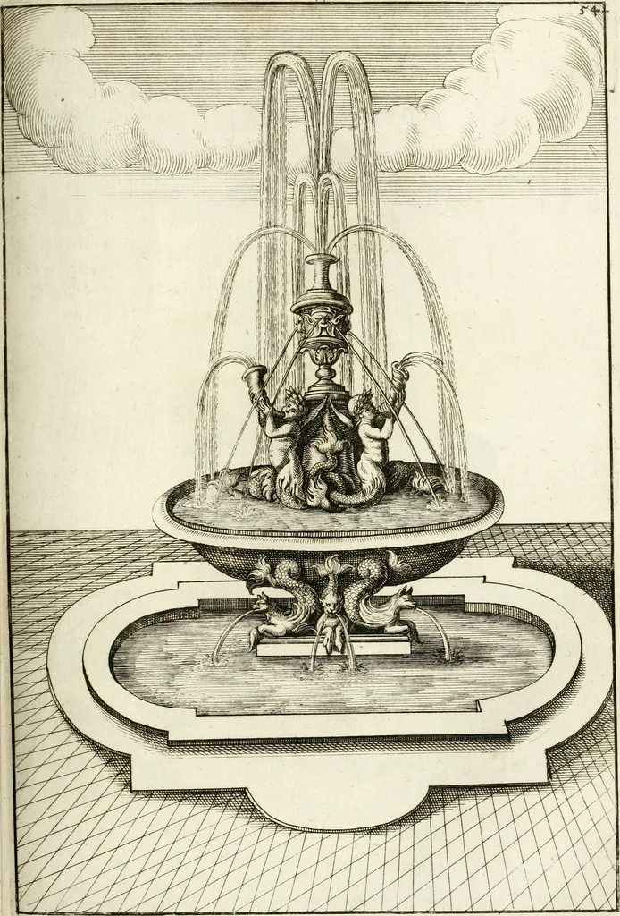 An illustration from Architectura curiosa nova, exponens 1. Fundamenta hydragogica, indolemq[ue] aquæ, aëris interventu in altum levandæ. 2. Varios aquarum ac salientium fontium lusus per varia spectatu jucunda epistomiorum seu siphonum genera. 3. Magnum amnissimorum fontium, machinarumq[ue] aquæductoriarum sumtu magno exstructarum, ac per Italiam, Britanniam, Germaniam &c. visendarum, numerum. 4. Specus artificiales sumtuosissimas, cum plerisq[ue] principum europæorum palatiis, hortis, aulis; nec non præcipuis monasteriis atq[ue] arcibus. 5. Cum auctario figurarum elegantissimarum, ad hortorum topiaria vario ductù dividenda, nec non conclavium laquearibus ac pavimentis segmentandis, itemq[ue] labyrinthis construendis, adhibendarum. Omnia 200 æri incisis... descripta, 1664, leaf 284