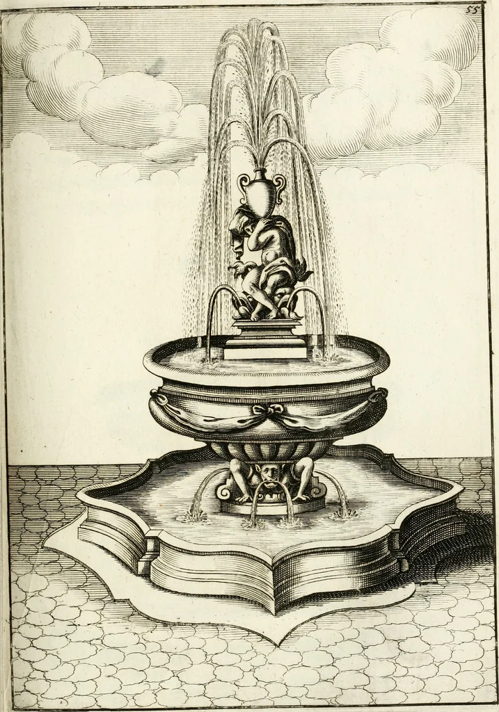 An illustration from Architectura curiosa nova, exponens 1. Fundamenta hydragogica, indolemq[ue] aquæ, aëris interventu in altum levandæ. 2. Varios aquarum ac salientium fontium lusus per varia spectatu jucunda epistomiorum seu siphonum genera. 3. Magnum amnissimorum fontium, machinarumq[ue] aquæductoriarum sumtu magno exstructarum, ac per Italiam, Britanniam, Germaniam &c. visendarum, numerum. 4. Specus artificiales sumtuosissimas, cum plerisq[ue] principum europæorum palatiis, hortis, aulis; nec non præcipuis monasteriis atq[ue] arcibus. 5. Cum auctario figurarum elegantissimarum, ad hortorum topiaria vario ductù dividenda, nec non conclavium laquearibus ac pavimentis segmentandis, itemq[ue] labyrinthis construendis, adhibendarum. Omnia 200 æri incisis... descripta, 1664, leaf 286