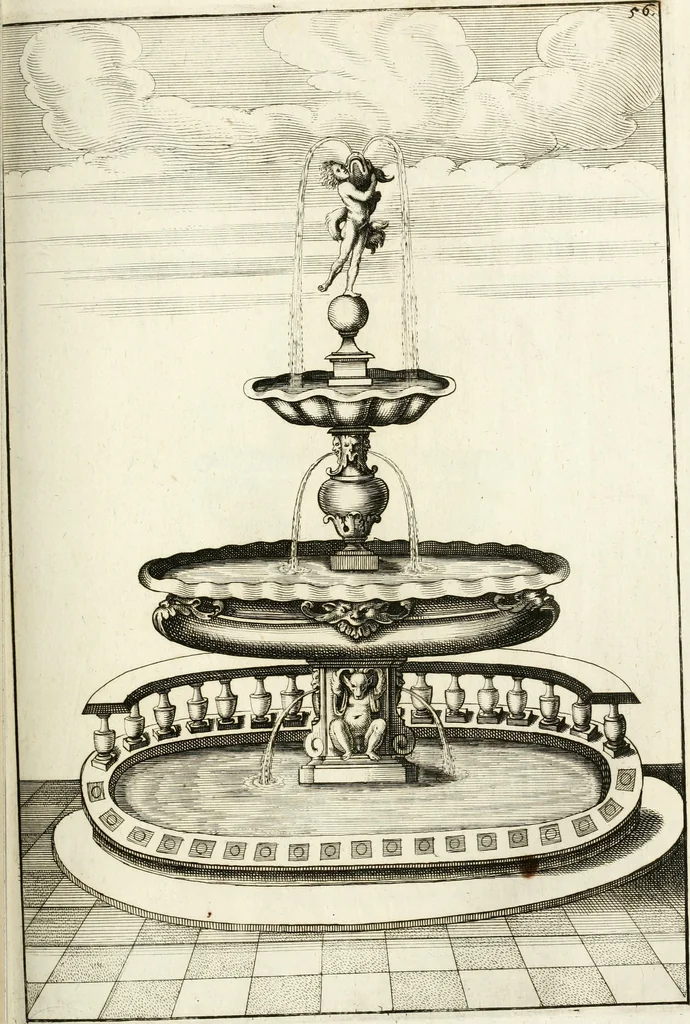 An illustration from Architectura curiosa nova, exponens 1. Fundamenta hydragogica, indolemq[ue] aquæ, aëris interventu in altum levandæ. 2. Varios aquarum ac salientium fontium lusus per varia spectatu jucunda epistomiorum seu siphonum genera. 3. Magnum amnissimorum fontium, machinarumq[ue] aquæductoriarum sumtu magno exstructarum, ac per Italiam, Britanniam, Germaniam &c. visendarum, numerum. 4. Specus artificiales sumtuosissimas, cum plerisq[ue] principum europæorum palatiis, hortis, aulis; nec non præcipuis monasteriis atq[ue] arcibus. 5. Cum auctario figurarum elegantissimarum, ad hortorum topiaria vario ductù dividenda, nec non conclavium laquearibus ac pavimentis segmentandis, itemq[ue] labyrinthis construendis, adhibendarum. Omnia 200 æri incisis... descripta, 1664, leaf 288