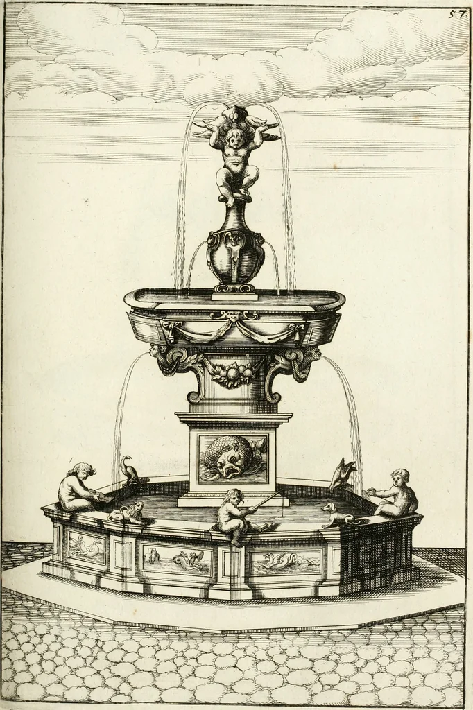 An illustration from Architectura curiosa nova, exponens 1. Fundamenta hydragogica, indolemq[ue] aquæ, aëris interventu in altum levandæ. 2. Varios aquarum ac salientium fontium lusus per varia spectatu jucunda epistomiorum seu siphonum genera. 3. Magnum amnissimorum fontium, machinarumq[ue] aquæductoriarum sumtu magno exstructarum, ac per Italiam, Britanniam, Germaniam &c. visendarum, numerum. 4. Specus artificiales sumtuosissimas, cum plerisq[ue] principum europæorum palatiis, hortis, aulis; nec non præcipuis monasteriis atq[ue] arcibus. 5. Cum auctario figurarum elegantissimarum, ad hortorum topiaria vario ductù dividenda, nec non conclavium laquearibus ac pavimentis segmentandis, itemq[ue] labyrinthis construendis, adhibendarum. Omnia 200 æri incisis... descripta, 1664, leaf 290