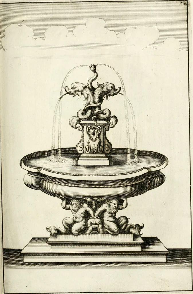 An illustration from Architectura curiosa nova, exponens 1. Fundamenta hydragogica, indolemq[ue] aquæ, aëris interventu in altum levandæ. 2. Varios aquarum ac salientium fontium lusus per varia spectatu jucunda epistomiorum seu siphonum genera. 3. Magnum amnissimorum fontium, machinarumq[ue] aquæductoriarum sumtu magno exstructarum, ac per Italiam, Britanniam, Germaniam &c. visendarum, numerum. 4. Specus artificiales sumtuosissimas, cum plerisq[ue] principum europæorum palatiis, hortis, aulis; nec non præcipuis monasteriis atq[ue] arcibus. 5. Cum auctario figurarum elegantissimarum, ad hortorum topiaria vario ductù dividenda, nec non conclavium laquearibus ac pavimentis segmentandis, itemq[ue] labyrinthis construendis, adhibendarum. Omnia 200 æri incisis... descripta, 1664, leaf 292
