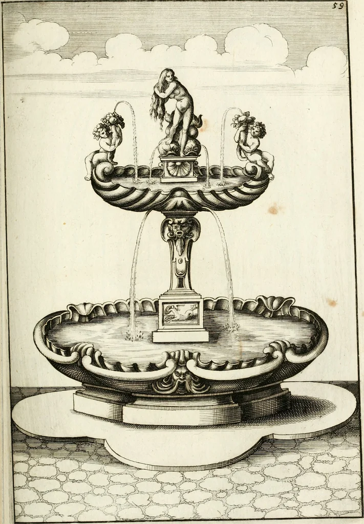 An illustration from Architectura curiosa nova, exponens 1. Fundamenta hydragogica, indolemq[ue] aquæ, aëris interventu in altum levandæ. 2. Varios aquarum ac salientium fontium lusus per varia spectatu jucunda epistomiorum seu siphonum genera. 3. Magnum amnissimorum fontium, machinarumq[ue] aquæductoriarum sumtu magno exstructarum, ac per Italiam, Britanniam, Germaniam &c. visendarum, numerum. 4. Specus artificiales sumtuosissimas, cum plerisq[ue] principum europæorum palatiis, hortis, aulis; nec non præcipuis monasteriis atq[ue] arcibus. 5. Cum auctario figurarum elegantissimarum, ad hortorum topiaria vario ductù dividenda, nec non conclavium laquearibus ac pavimentis segmentandis, itemq[ue] labyrinthis construendis, adhibendarum. Omnia 200 æri incisis... descripta, 1664, leaf 294