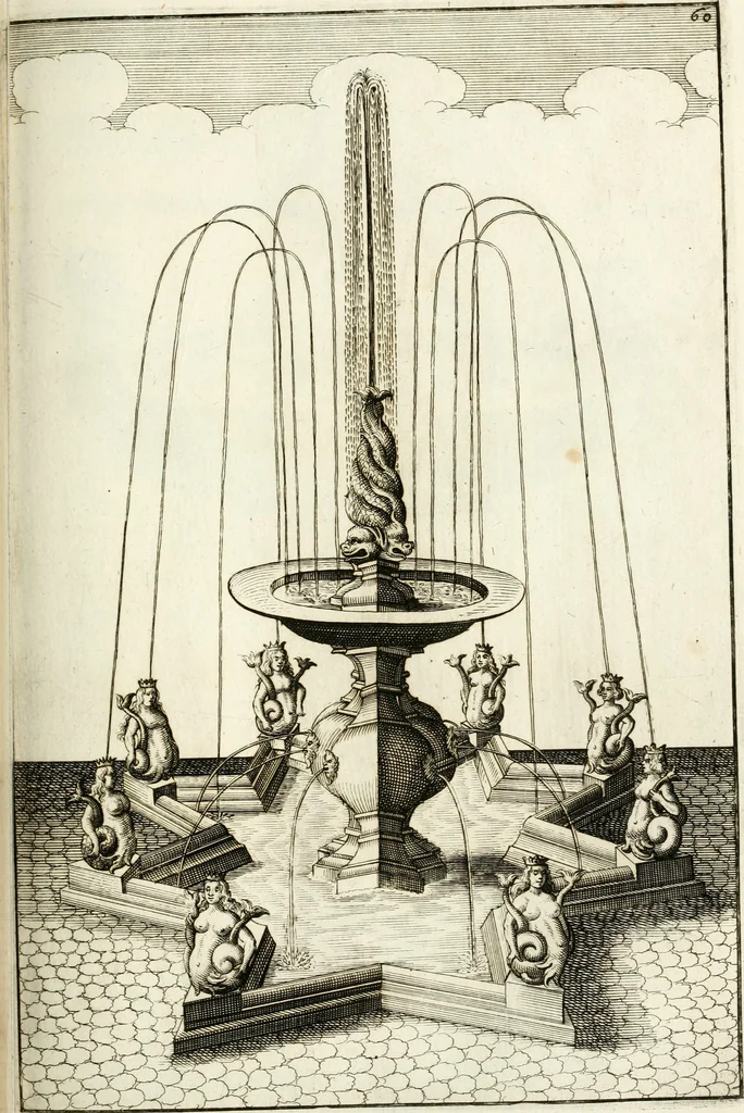 An illustration from Architectura curiosa nova, exponens 1. Fundamenta hydragogica, indolemq[ue] aquæ, aëris interventu in altum levandæ. 2. Varios aquarum ac salientium fontium lusus per varia spectatu jucunda epistomiorum seu siphonum genera. 3. Magnum amnissimorum fontium, machinarumq[ue] aquæductoriarum sumtu magno exstructarum, ac per Italiam, Britanniam, Germaniam &c. visendarum, numerum. 4. Specus artificiales sumtuosissimas, cum plerisq[ue] principum europæorum palatiis, hortis, aulis; nec non præcipuis monasteriis atq[ue] arcibus. 5. Cum auctario figurarum elegantissimarum, ad hortorum topiaria vario ductù dividenda, nec non conclavium laquearibus ac pavimentis segmentandis, itemq[ue] labyrinthis construendis, adhibendarum. Omnia 200 æri incisis... descripta, 1664, leaf 296