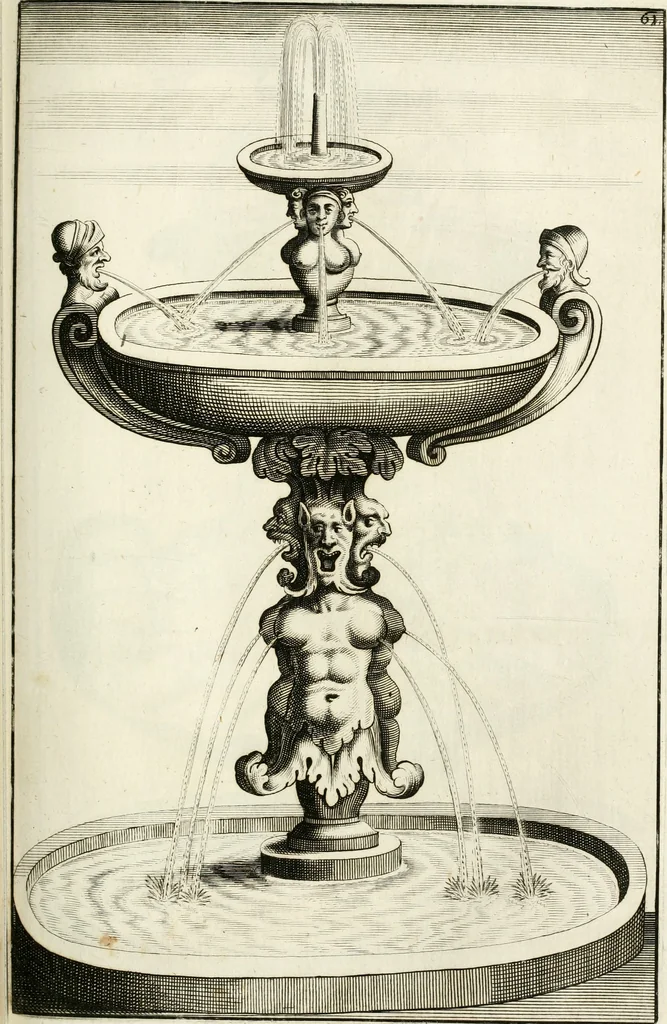 An illustration from Architectura curiosa nova, exponens 1. Fundamenta hydragogica, indolemq[ue] aquæ, aëris interventu in altum levandæ. 2. Varios aquarum ac salientium fontium lusus per varia spectatu jucunda epistomiorum seu siphonum genera. 3. Magnum amnissimorum fontium, machinarumq[ue] aquæductoriarum sumtu magno exstructarum, ac per Italiam, Britanniam, Germaniam &c. visendarum, numerum. 4. Specus artificiales sumtuosissimas, cum plerisq[ue] principum europæorum palatiis, hortis, aulis; nec non præcipuis monasteriis atq[ue] arcibus. 5. Cum auctario figurarum elegantissimarum, ad hortorum topiaria vario ductù dividenda, nec non conclavium laquearibus ac pavimentis segmentandis, itemq[ue] labyrinthis construendis, adhibendarum. Omnia 200 æri incisis... descripta, 1664, leaf 298