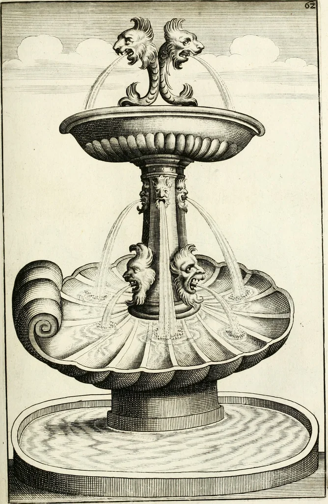 An illustration from Architectura curiosa nova, exponens 1. Fundamenta hydragogica, indolemq[ue] aquæ, aëris interventu in altum levandæ. 2. Varios aquarum ac salientium fontium lusus per varia spectatu jucunda epistomiorum seu siphonum genera. 3. Magnum amnissimorum fontium, machinarumq[ue] aquæductoriarum sumtu magno exstructarum, ac per Italiam, Britanniam, Germaniam &c. visendarum, numerum. 4. Specus artificiales sumtuosissimas, cum plerisq[ue] principum europæorum palatiis, hortis, aulis; nec non præcipuis monasteriis atq[ue] arcibus. 5. Cum auctario figurarum elegantissimarum, ad hortorum topiaria vario ductù dividenda, nec non conclavium laquearibus ac pavimentis segmentandis, itemq[ue] labyrinthis construendis, adhibendarum. Omnia 200 æri incisis... descripta, 1664, leaf 300