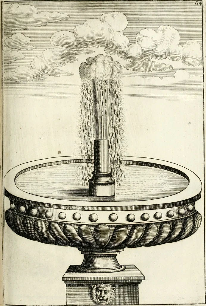 An illustration from Architectura curiosa nova, exponens 1. Fundamenta hydragogica, indolemq[ue] aquæ, aëris interventu in altum levandæ. 2. Varios aquarum ac salientium fontium lusus per varia spectatu jucunda epistomiorum seu siphonum genera. 3. Magnum amnissimorum fontium, machinarumq[ue] aquæductoriarum sumtu magno exstructarum, ac per Italiam, Britanniam, Germaniam &c. visendarum, numerum. 4. Specus artificiales sumtuosissimas, cum plerisq[ue] principum europæorum palatiis, hortis, aulis; nec non præcipuis monasteriis atq[ue] arcibus. 5. Cum auctario figurarum elegantissimarum, ad hortorum topiaria vario ductù dividenda, nec non conclavium laquearibus ac pavimentis segmentandis, itemq[ue] labyrinthis construendis, adhibendarum. Omnia 200 æri incisis... descripta, 1664, leaf 304