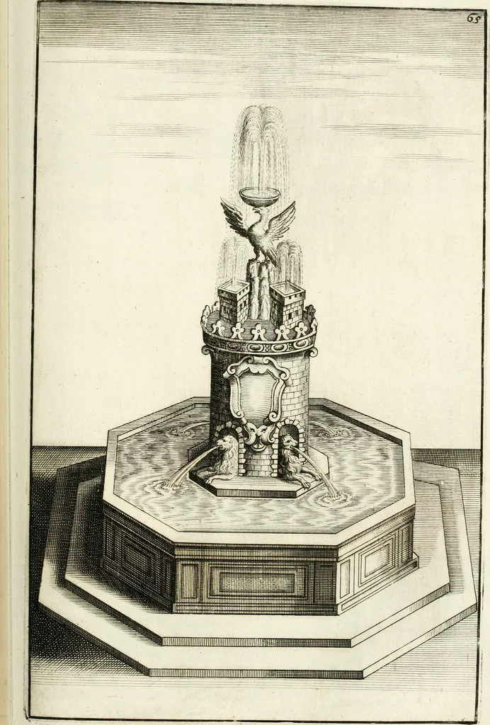 An illustration from Architectura curiosa nova, exponens 1. Fundamenta hydragogica, indolemq[ue] aquæ, aëris interventu in altum levandæ. 2. Varios aquarum ac salientium fontium lusus per varia spectatu jucunda epistomiorum seu siphonum genera. 3. Magnum amnissimorum fontium, machinarumq[ue] aquæductoriarum sumtu magno exstructarum, ac per Italiam, Britanniam, Germaniam &c. visendarum, numerum. 4. Specus artificiales sumtuosissimas, cum plerisq[ue] principum europæorum palatiis, hortis, aulis; nec non præcipuis monasteriis atq[ue] arcibus. 5. Cum auctario figurarum elegantissimarum, ad hortorum topiaria vario ductù dividenda, nec non conclavium laquearibus ac pavimentis segmentandis, itemq[ue] labyrinthis construendis, adhibendarum. Omnia 200 æri incisis... descripta, 1664, leaf 306