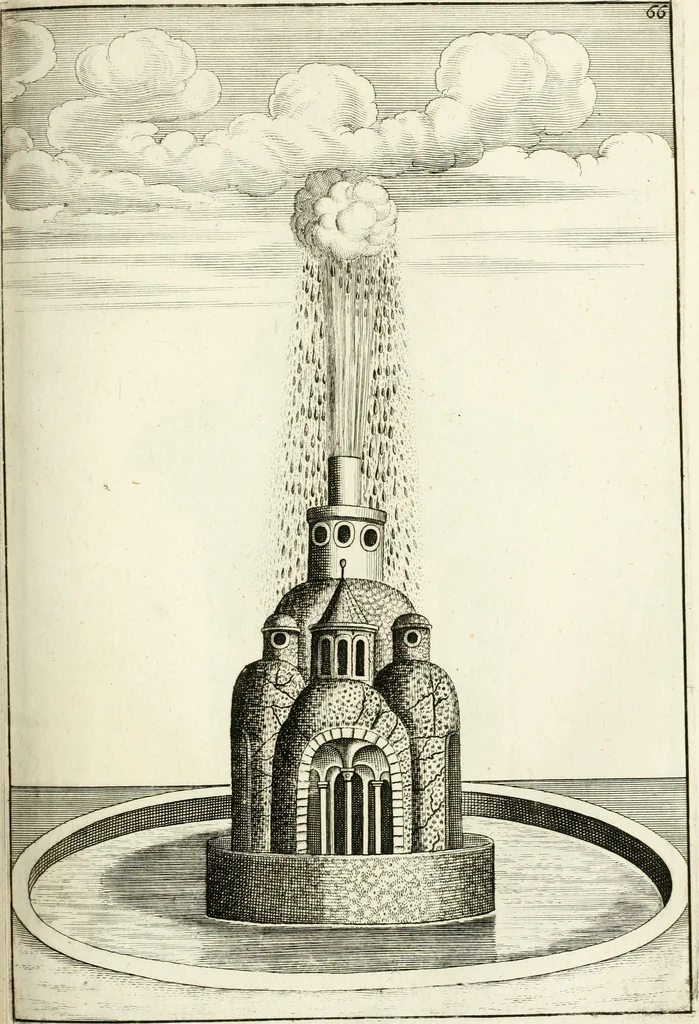 An illustration from Architectura curiosa nova, exponens 1. Fundamenta hydragogica, indolemq[ue] aquæ, aëris interventu in altum levandæ. 2. Varios aquarum ac salientium fontium lusus per varia spectatu jucunda epistomiorum seu siphonum genera. 3. Magnum amnissimorum fontium, machinarumq[ue] aquæductoriarum sumtu magno exstructarum, ac per Italiam, Britanniam, Germaniam &c. visendarum, numerum. 4. Specus artificiales sumtuosissimas, cum plerisq[ue] principum europæorum palatiis, hortis, aulis; nec non præcipuis monasteriis atq[ue] arcibus. 5. Cum auctario figurarum elegantissimarum, ad hortorum topiaria vario ductù dividenda, nec non conclavium laquearibus ac pavimentis segmentandis, itemq[ue] labyrinthis construendis, adhibendarum. Omnia 200 æri incisis... descripta, 1664, leaf 308
